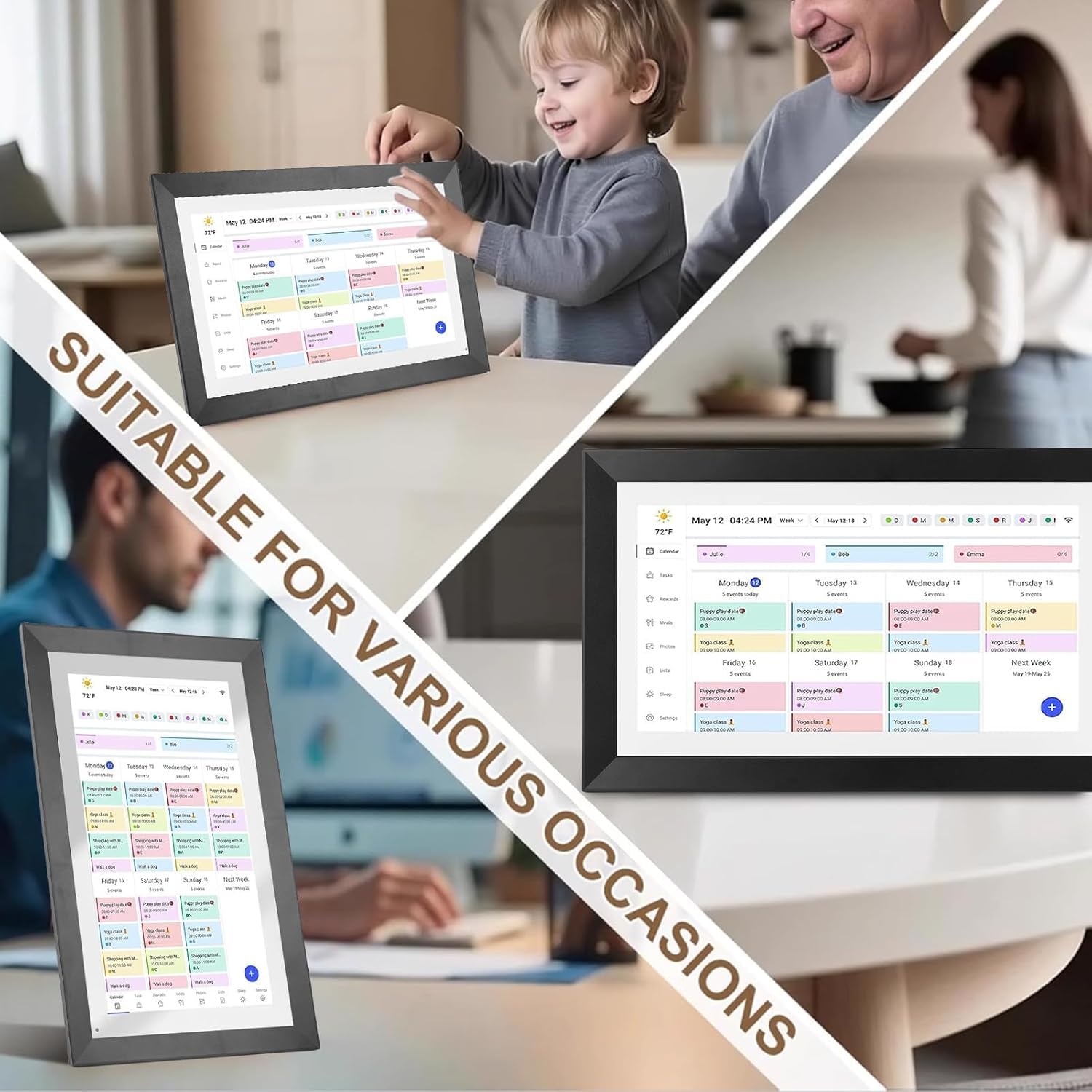 Calendrier Numérique 15,6" – Planning Familial Wi-FI & Cadre Photo Numérique, Organisation Familiale 1920 x 1080 Écran Tactile et Application, Sync Horaires & Partage Moments Via App, 32Go
