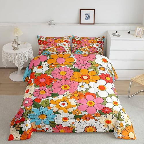 Miniatura 33 de Feelyou Groovy - Juego de edredón de flores para niñas y niños, edredón retro floral bohemio con hongos de los años 70, juego de ropa de cama de