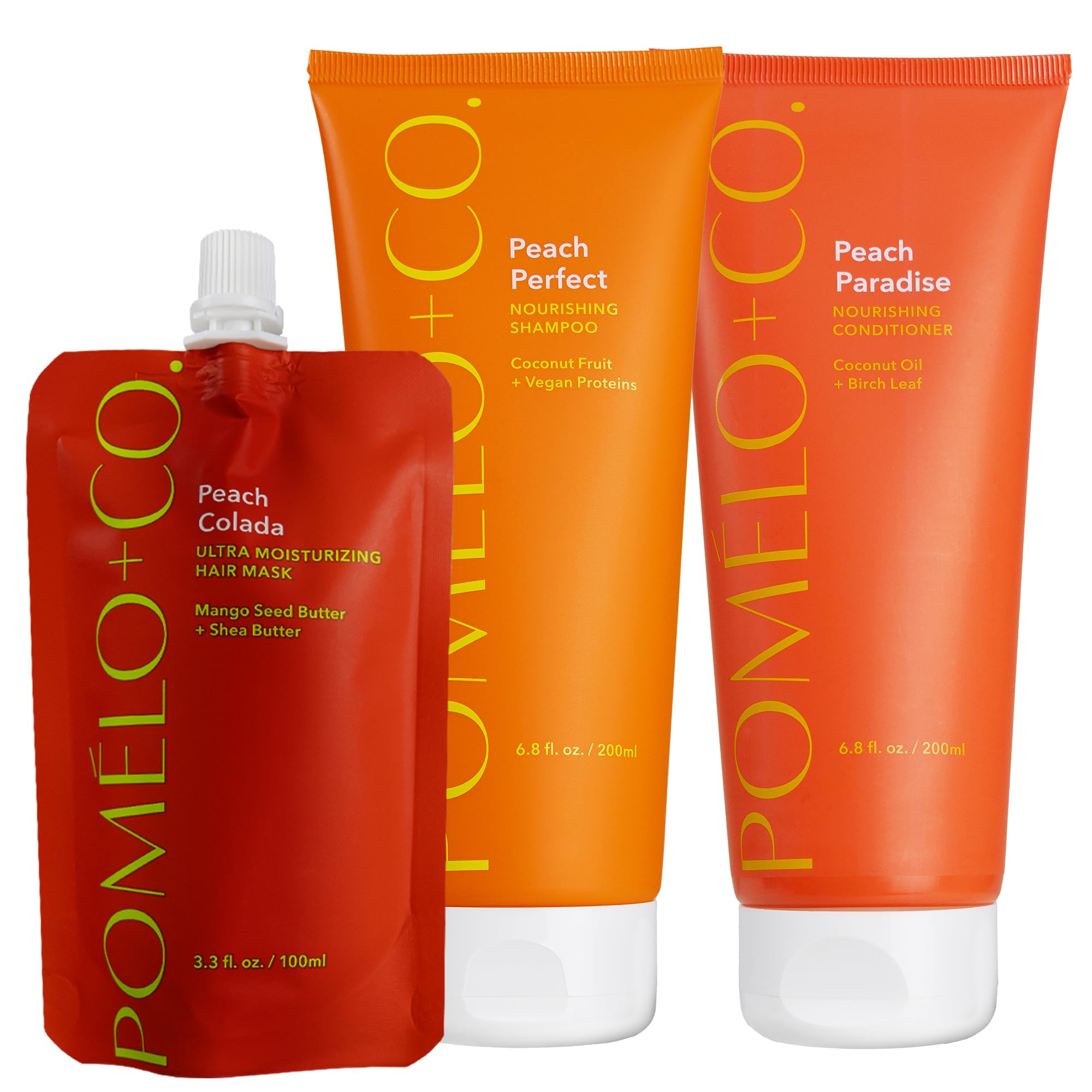 POMÉLO + CO. Peach Trio Maschera Shampoo Balsamo - 100% vegano idratante | per capelli secchi - set con ingredienti ricchi e nutrienti - routine completa in tre passaggi quotidiani