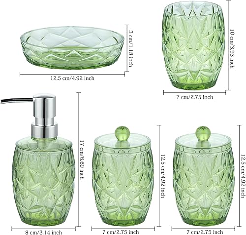 Miniatura 5 de Yueranhu Juego de accesorios de baño verdes de 5 piezas, dispensador de jabón de loción, soporte para cepillo de dientes, soporte para 2 Qtips,