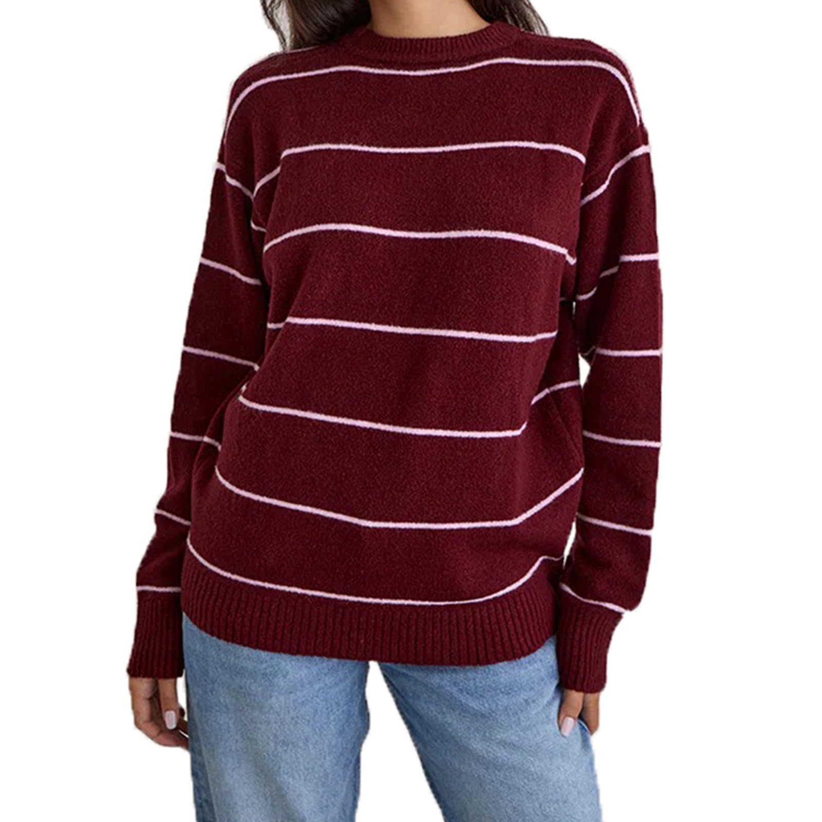 Women Oversized Sweater Y2K Striped Pullover Sweater Long Sleeve Vintage Preppy Knitwear 90S Streetwear
