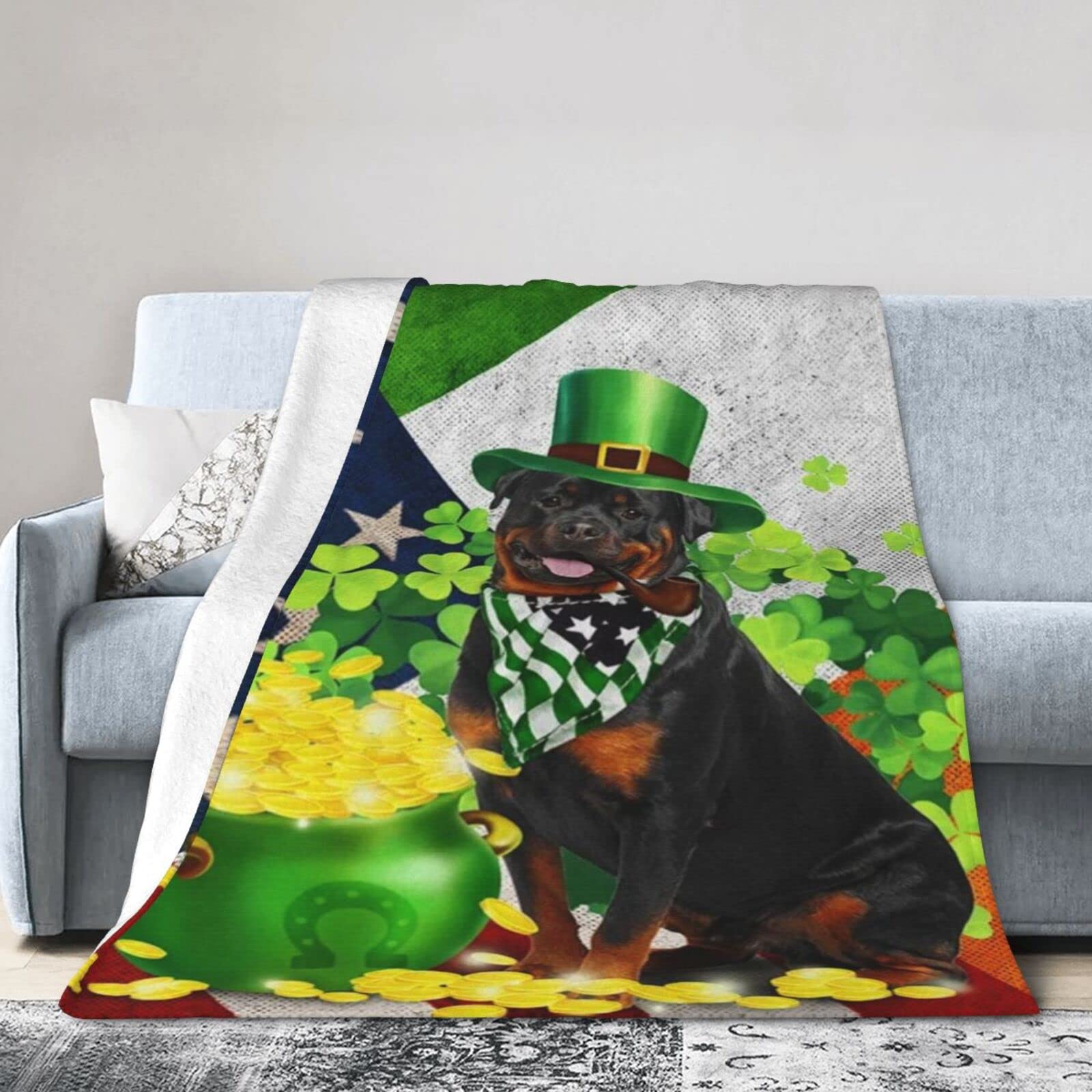 Lsjuee Flannel Fleece Blanket 40"X30" Rottweiler – Happy St. Patrick Day Sofa Throw Blanket Funny Ultra-Soft Travel Spring Blankets for Boys Keep Warm