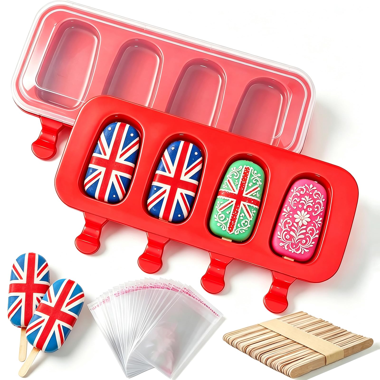 2 Pack Ice Lolly Moulds Popsicles Moulds, Homemade Cake Pop Cakesicle Moulds Silicone Popcical Moulds, 4 Cavities Ice Pop Cream Moulds Maker with 50 Wooden Sticks & 50 Popsicle Bags for DIY Popsicles