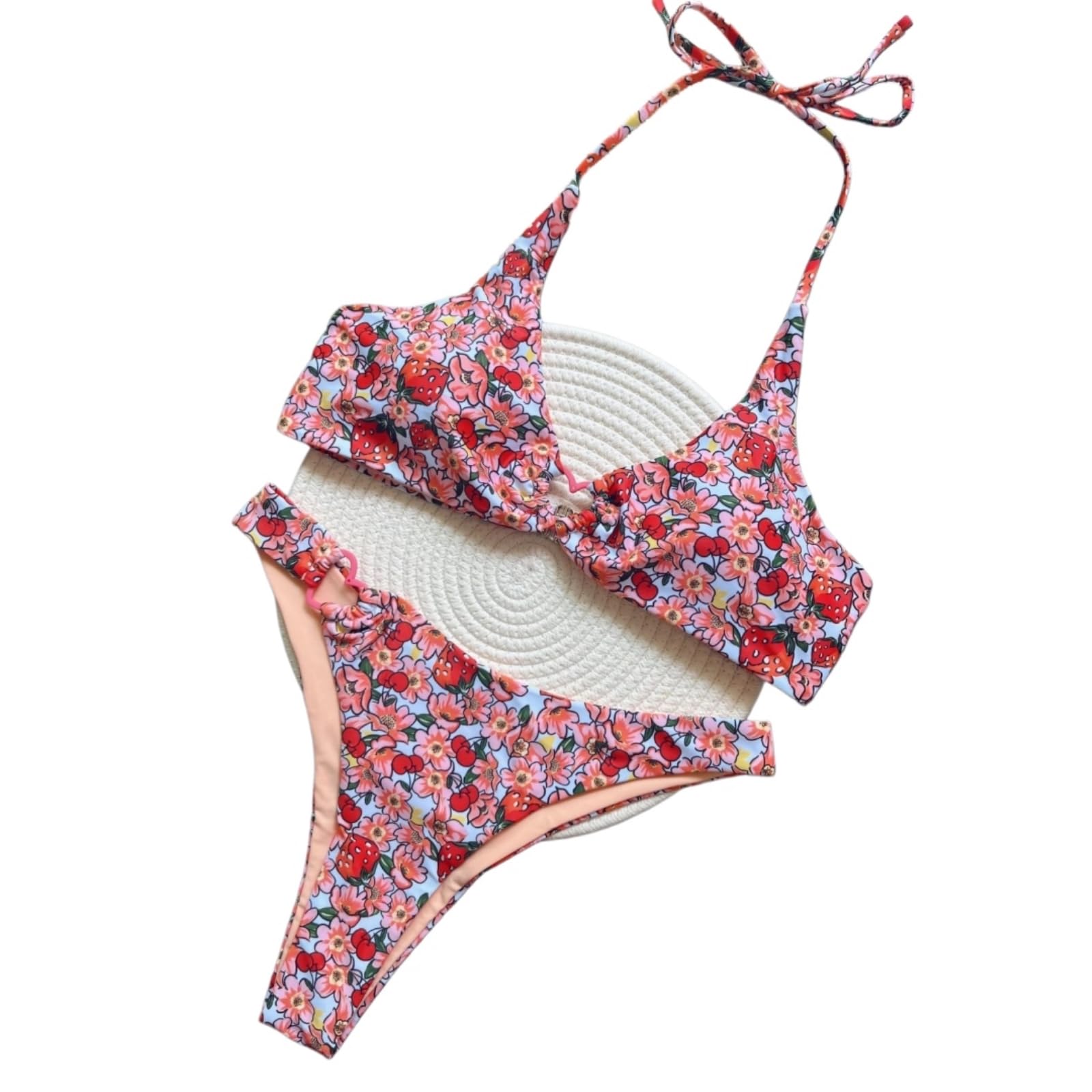 Bikini Mujer Mujeres Floral Impresión Halter Conjunto Ajustable Corbata Traje De Baño Ropa Playa-rt1887-s