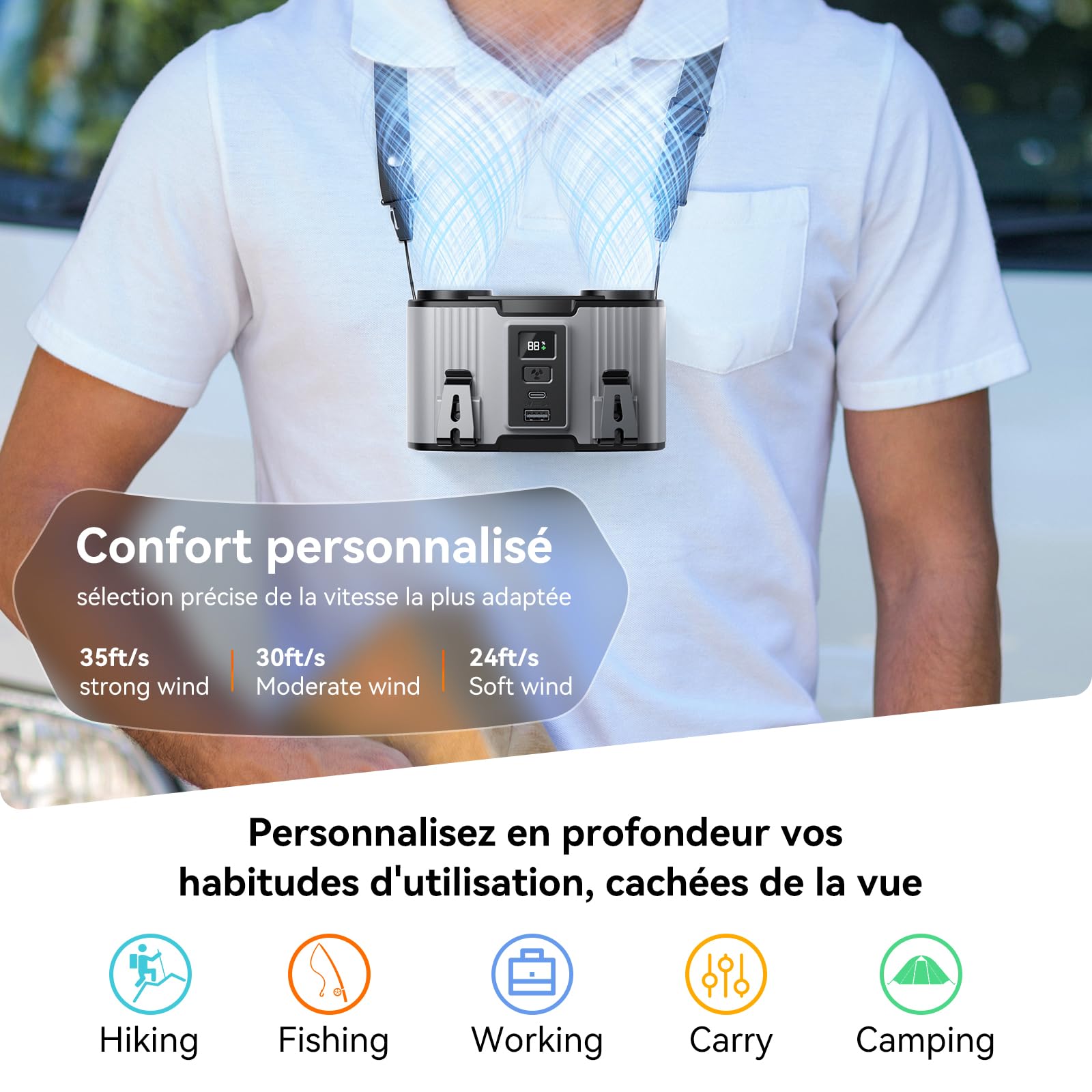 Doublepow 24000mAh Ventilateur Portable Ceinture, Ventilateur Clip Rechargeable 10 Vitesses 45H, Double Moteur Conduit d'air, Cooling Cou et Taille, pour Travail Extérieur, Voyages, Chargeur Téléphone