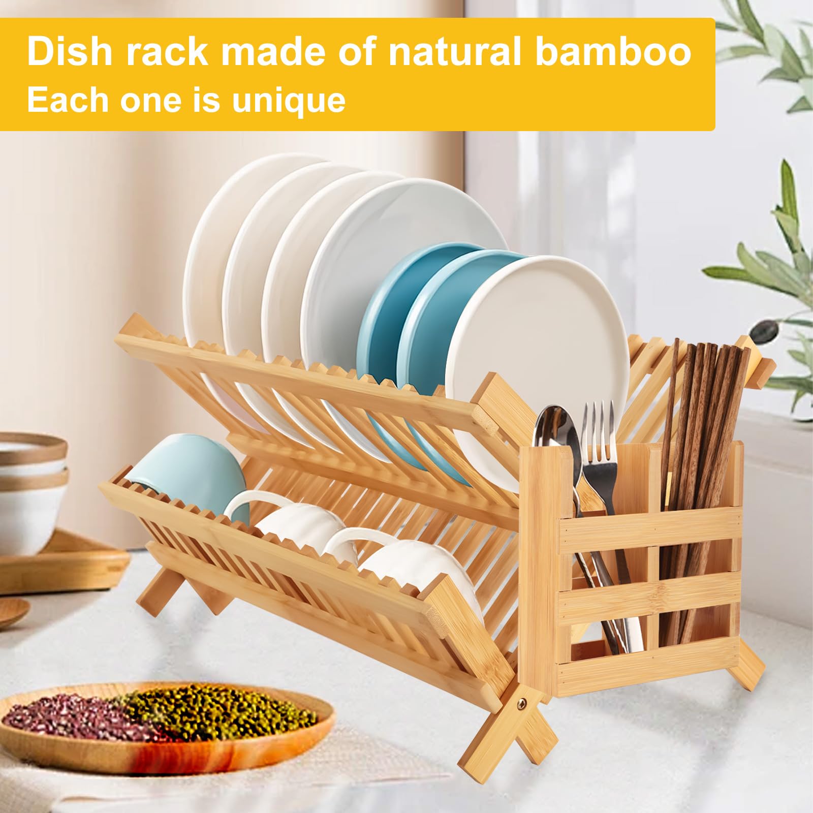 Scolapiatti a 2 ripiani in bambù con porta utensili, pieghevole, in legno, per bancone della cucina, 20 scomparti, ciotola e supporto per piatti, 26 x 42 x 24 cm
