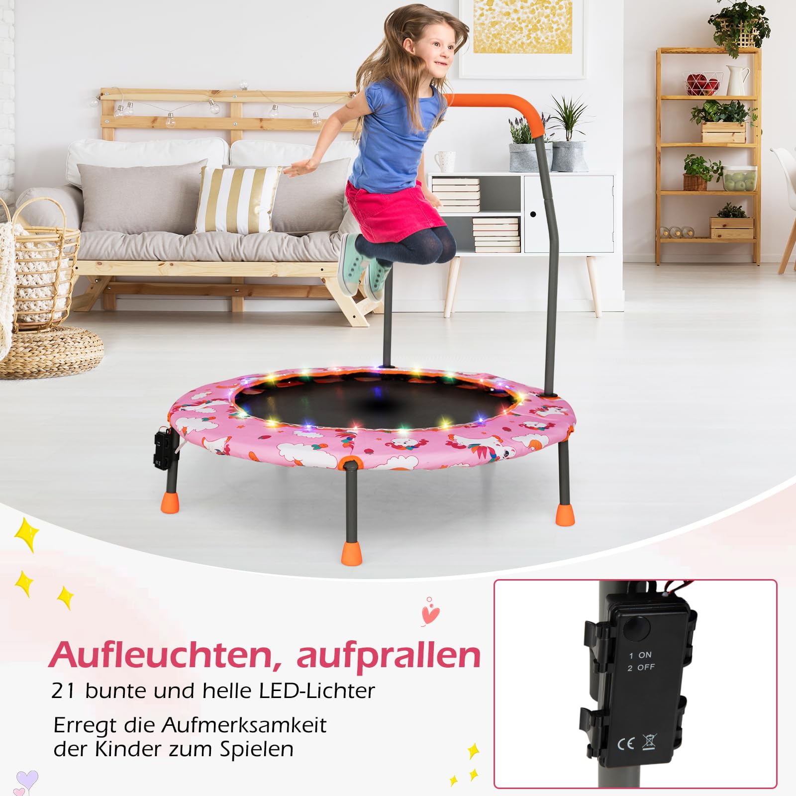 COSTWAY 92 cm trampolina z oświetleniem LED, zdejmowany uchwyt, mini trampolina dla dzieci w wieku 3-6 lat, wewnątrz i na zewnątrz