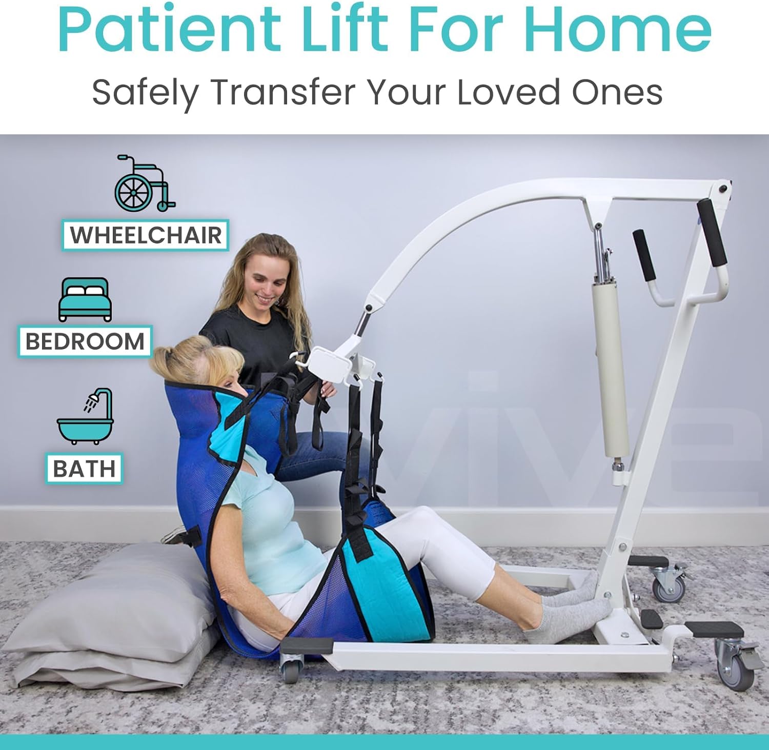 Vive Hydraulic Patient Lift for Home Use with Sling - Portable, Medical Patient Transfer Lift System - Sit to Stand Lift Assist for Elderly - Floor & Fall Elderly Lift - for Car, Wheelchair & Bed