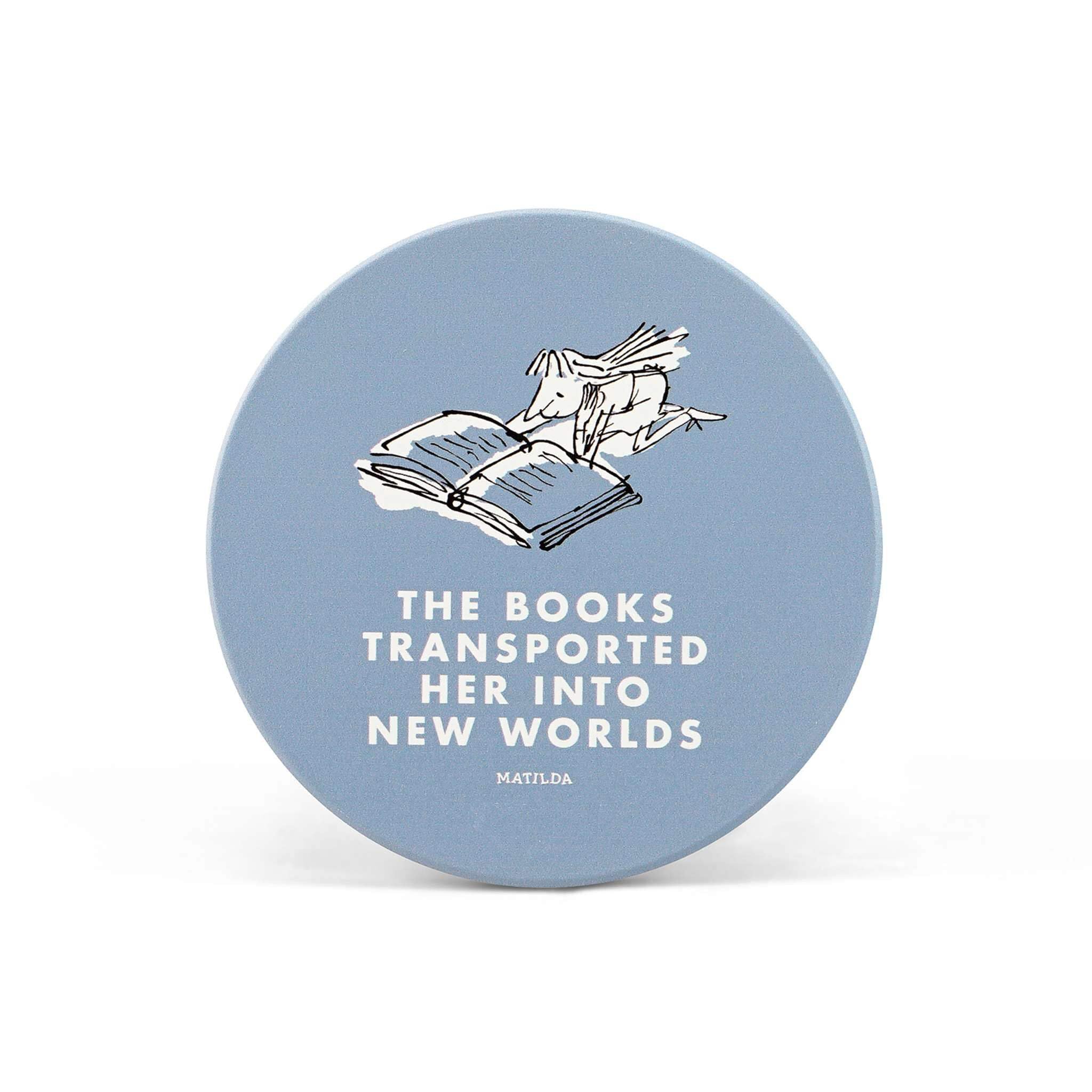 Half Moon Bay Books Transported New Worlds - Matilda - Periwinkle Blue 4 Inch Stoneware Drink Beverage Coaster