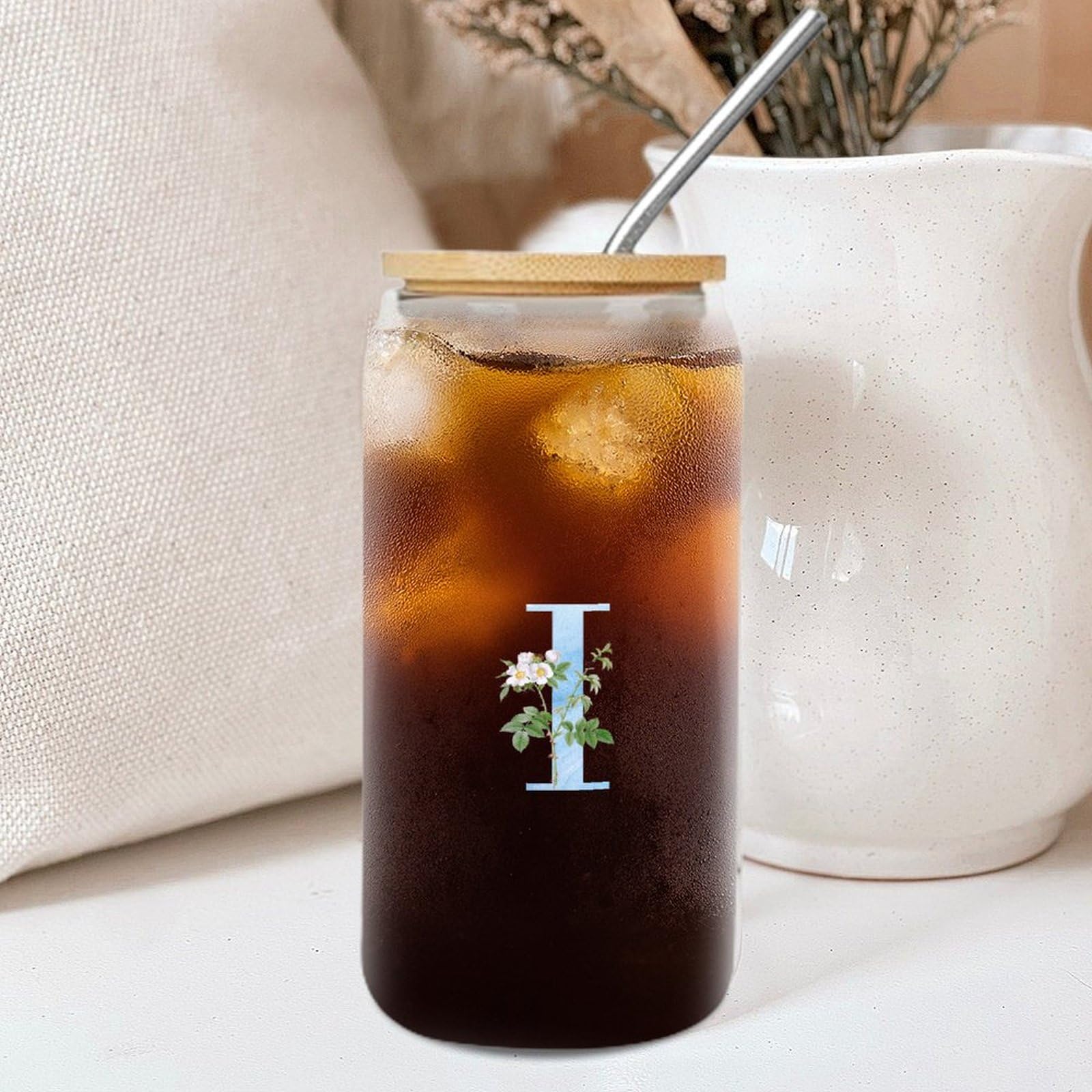 Yelolyio Clear Glass Cups with Lids and Straws Monogram Letter I Glass Cup Watercolor Blue Letter Lily Flower Glass Tumbler Name Initial Cups Great for for Tea Whiskey Water 16 OZ