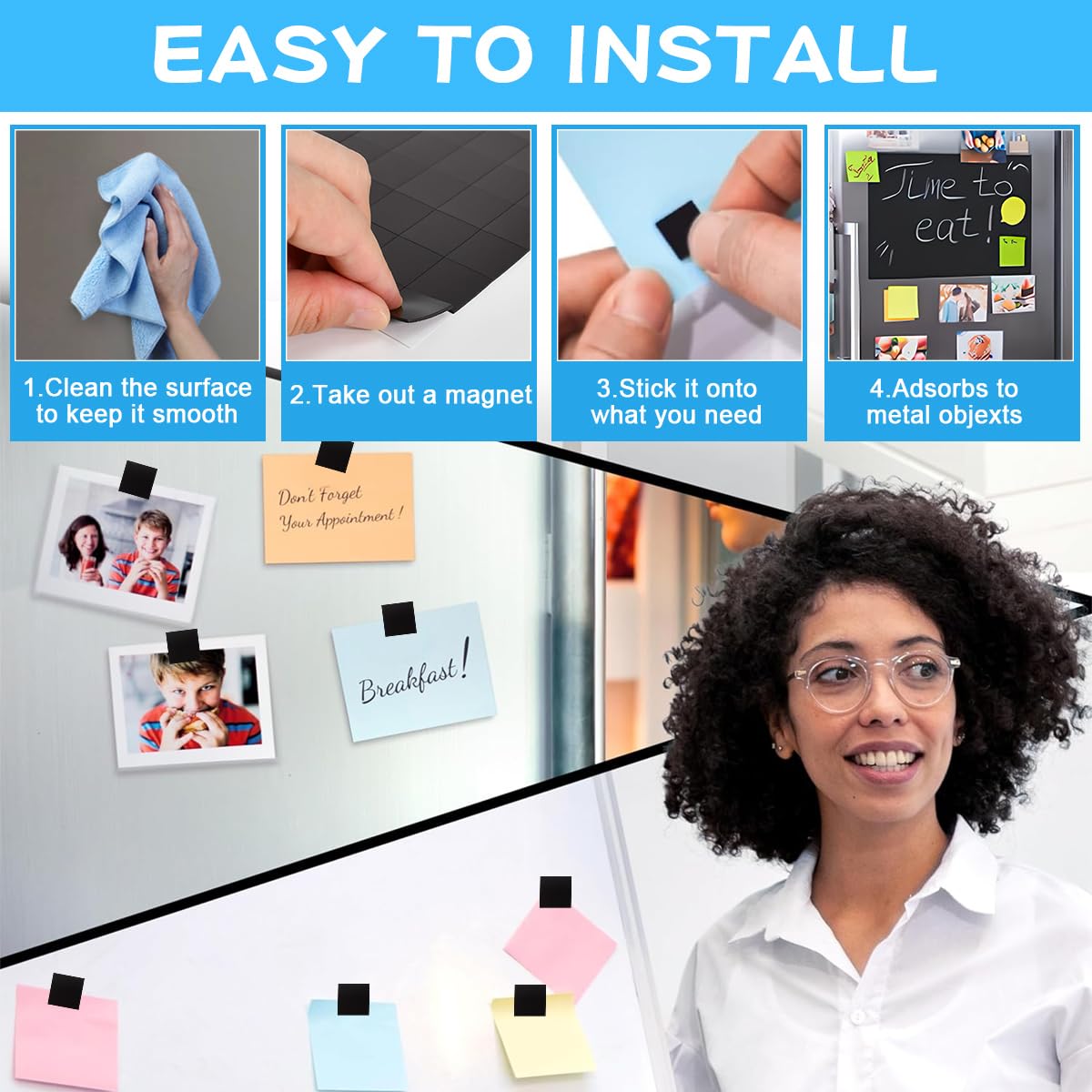 QWORK® 600 Pièces Plaques Magnétiques Adhesif, Aimants Autocollants Flexibles 10 X 10 Mm, Pour Bricolage, Bureau, Maison