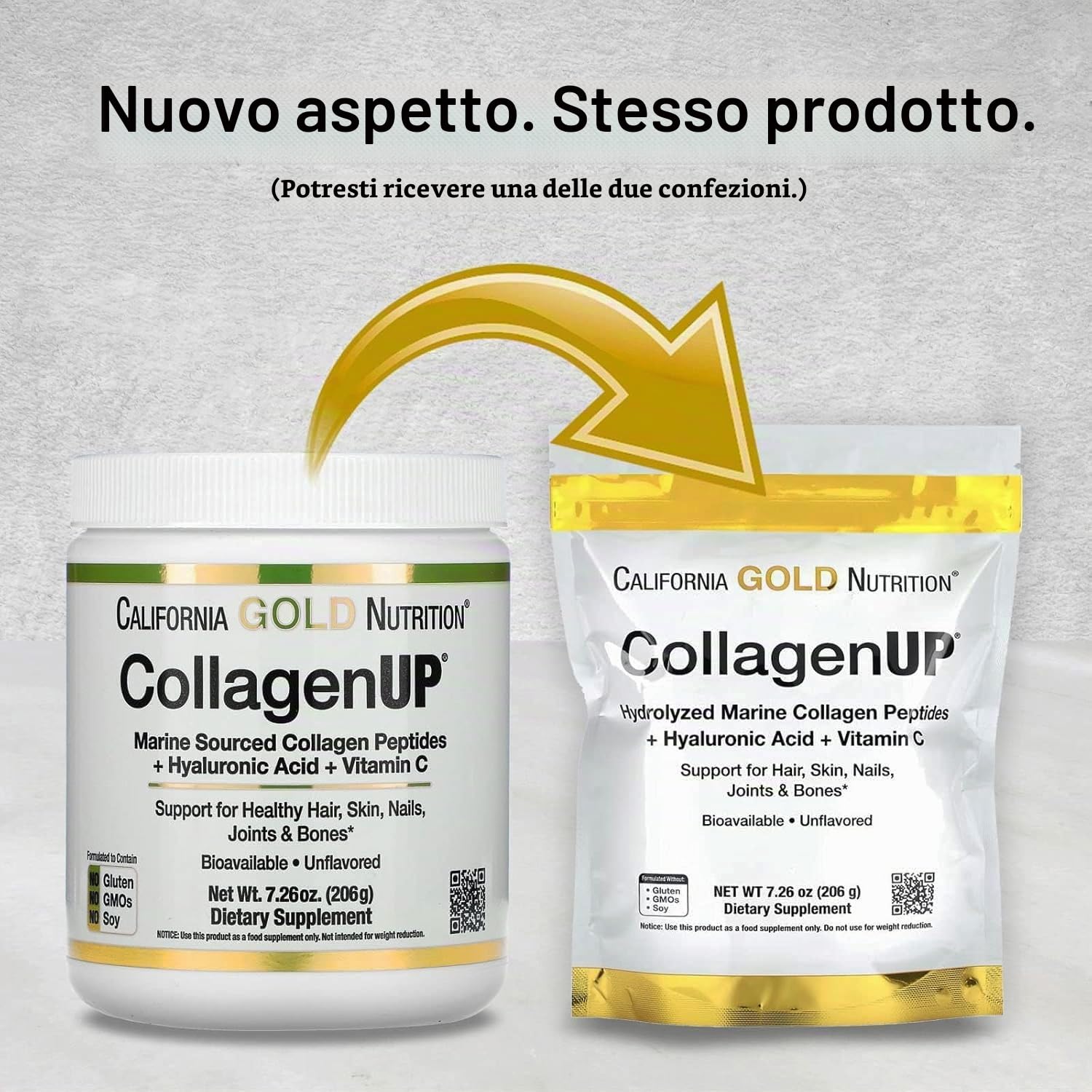 La California Gold Nutritiоn CollagenUP integratore in polvere a base di peptidi di collagene marino, acido ialuronico e vitamina C per salute di capelli pelle unghie ossa 206g + A&M Portapillole 1pz