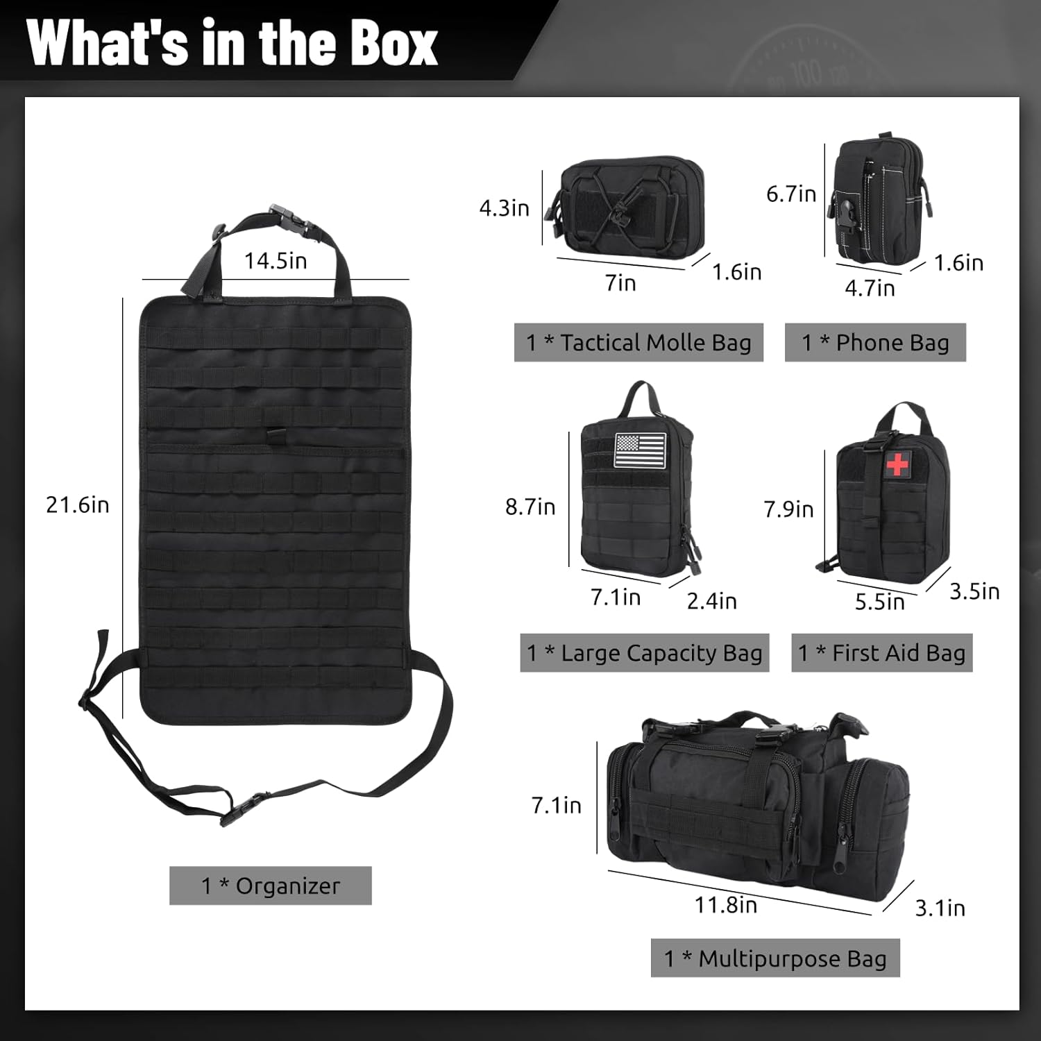 Tactical Molle Car Seat Back Organizer - Universal Fits for Jeep, Truck, SUV, Ford, Chevrolet - 5 Pouches, Detachable Packets