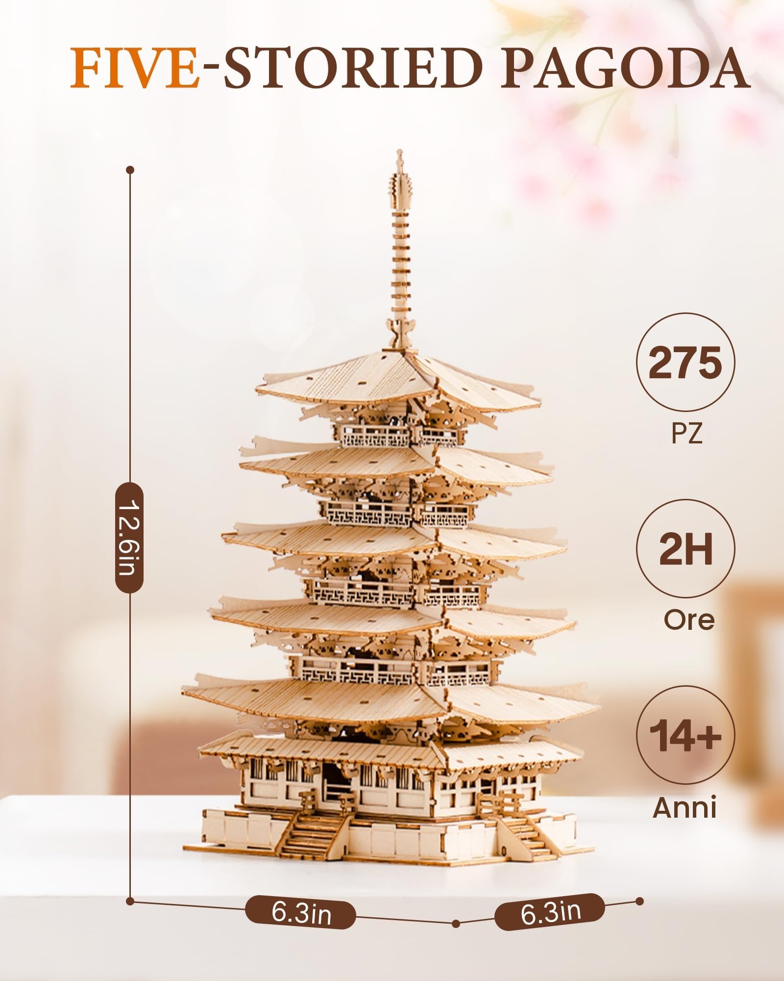 Rolife Puzzle 3D Legno per Adulti Modellismo da Costruire Torre Pagoda a cinque pian Kit Modello, 3D Puzzle Five-storied Pagoda