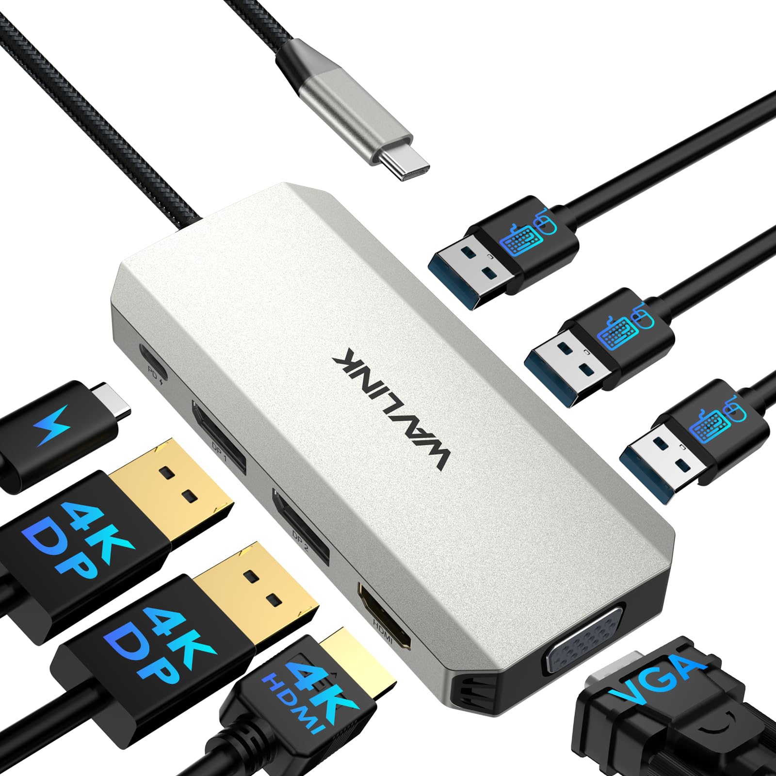 WAVLINK Laptop Docking station, Quad-Monitor-Dockingstation mit Dual DP, HDMI, VGA, 100W PD IN, 3 USB-A2.0 für kabellose Geräte, kompatibel mit Dell/HP/Lenovo usw., nur für Computer mit Windows-System