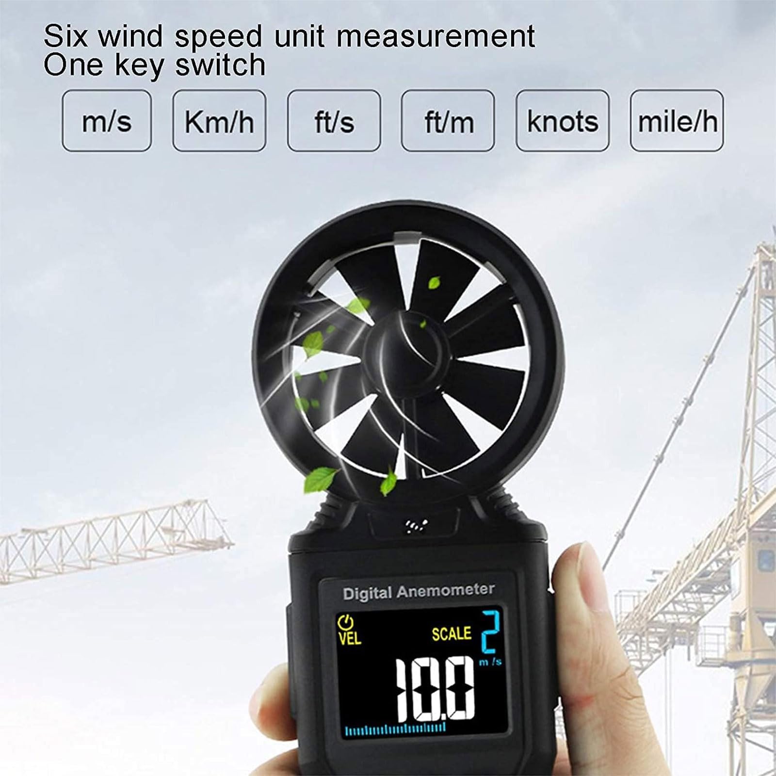 JOSBY Anemómetro con Pantalla Digital LCD, medidor de Flujo de Aire para medir la Velocidad del Viento, la Temperatura y la sensación térmica, Tiempo de muestreo de 0,5 s/Pieza, para Volar y Escalar