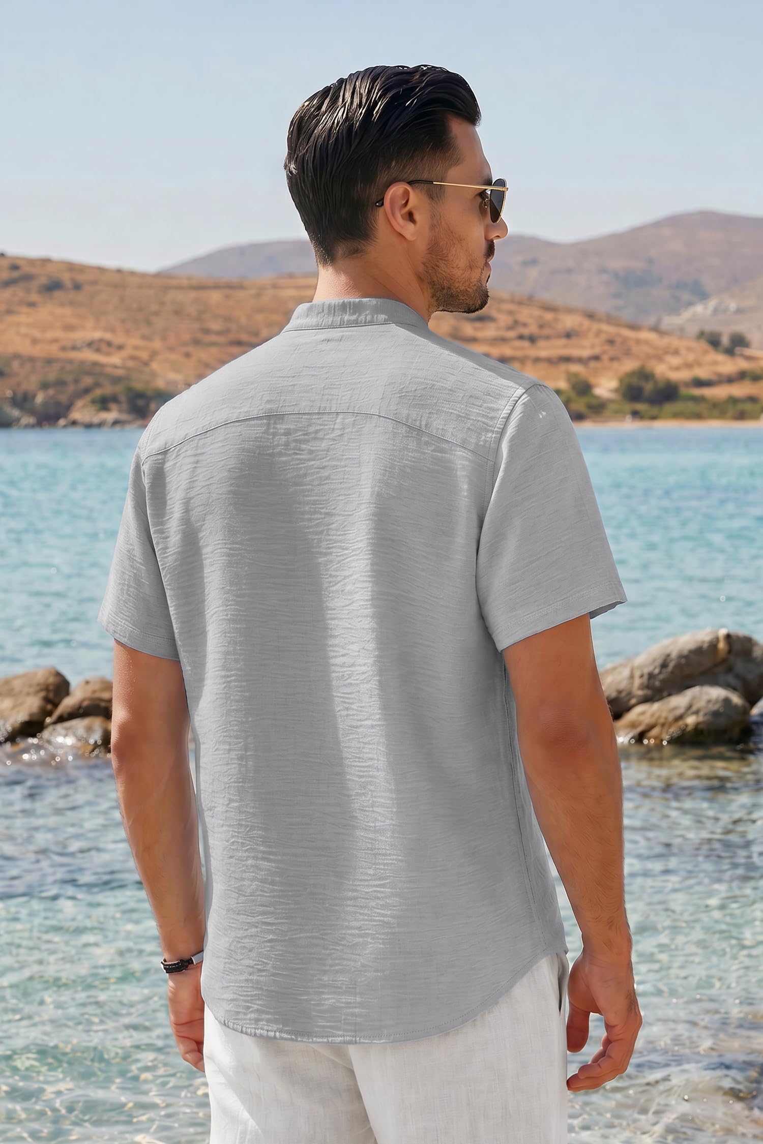 Enlision Camisa Hombre Manga Corta de Lino y Algodón, Camiseta Verano Hombre Cuello Mao Ligera y Transpirable, T Shirt Casual para Playa Vacaciones con Bolsillo, Silueta Holgada Tallas S-4XL