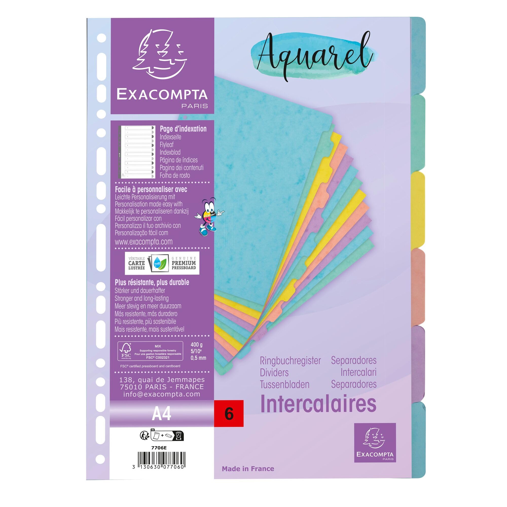 Exacompta - Ref. 7706E - Aquarel dividers - in 400g/m2 glossy card - 6 neutral tabs - A4 file format - index page provided - FSC certified - assorted colours
