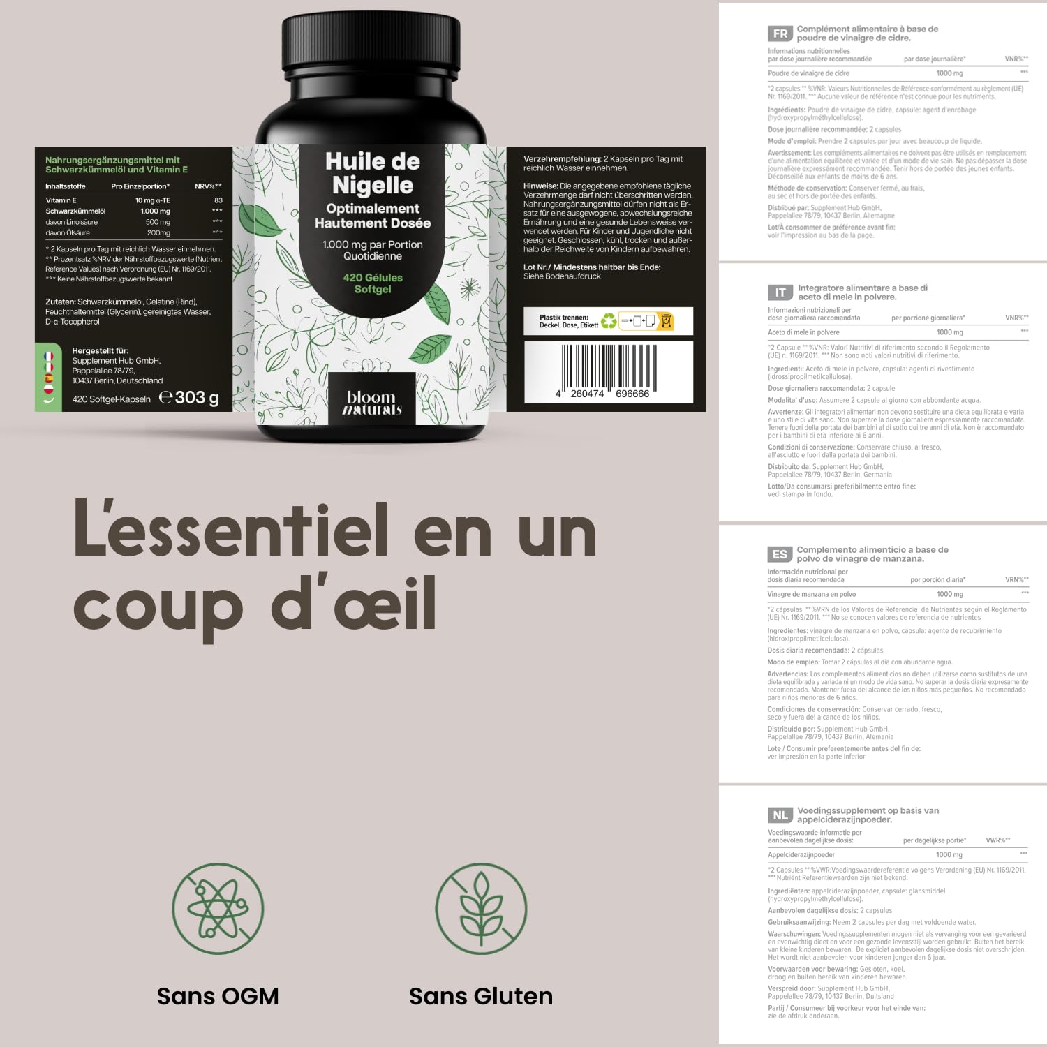 Huile de Nigelle Gelules – Capsules d’Huile de Cumin Noir – 420 Gélules Softgel 1 000 mg avec Vitamine E – Fabriqué en Allemagne