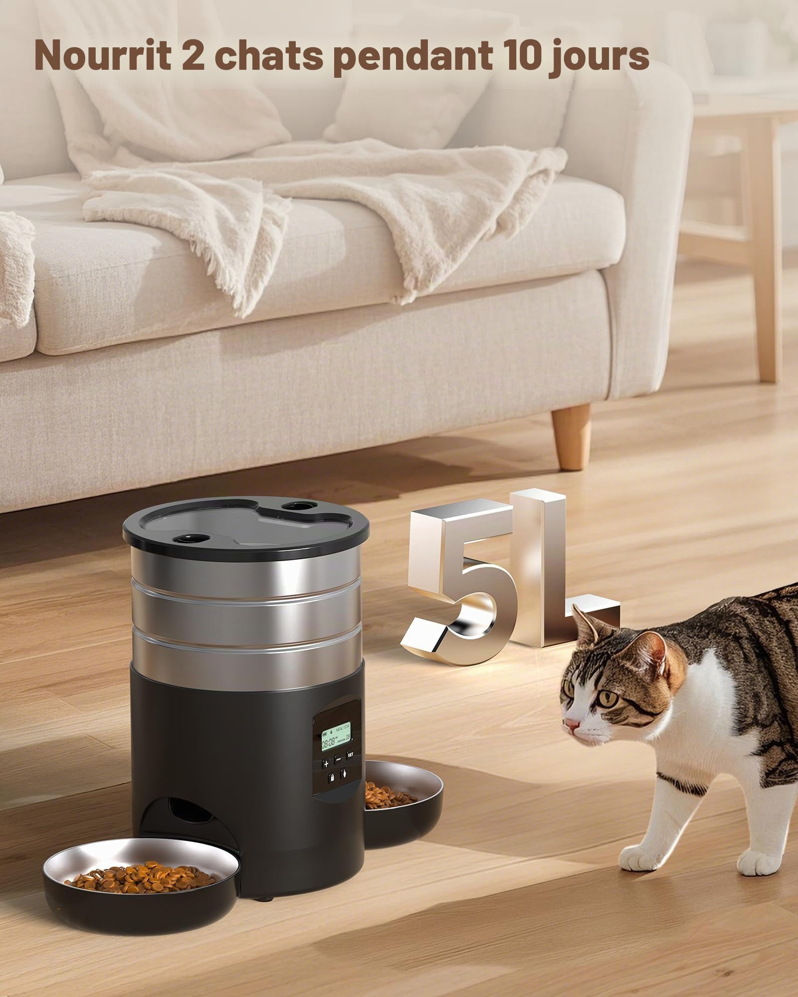 Distributeur Croquettes Chat Automatique Double: Inox Distributeur Croquettes Chien avec 2 Bols - Acier Inoxydable Gamelle Electronique pour Chat - 5L Mangeoire Programmable pour Petite/Moyenne Animau