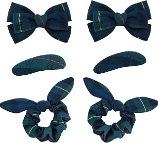 6pcs Uniform Hair Accessories for Girls, 2 Back to School Bows Clip 2 Plaid Bunny Ear Bowknot Scrunchies 2 Snap Barrettes Long Tail Hair Bow Set for Toddler Little Girl (Dark Green, Navy, Yellow, Red)