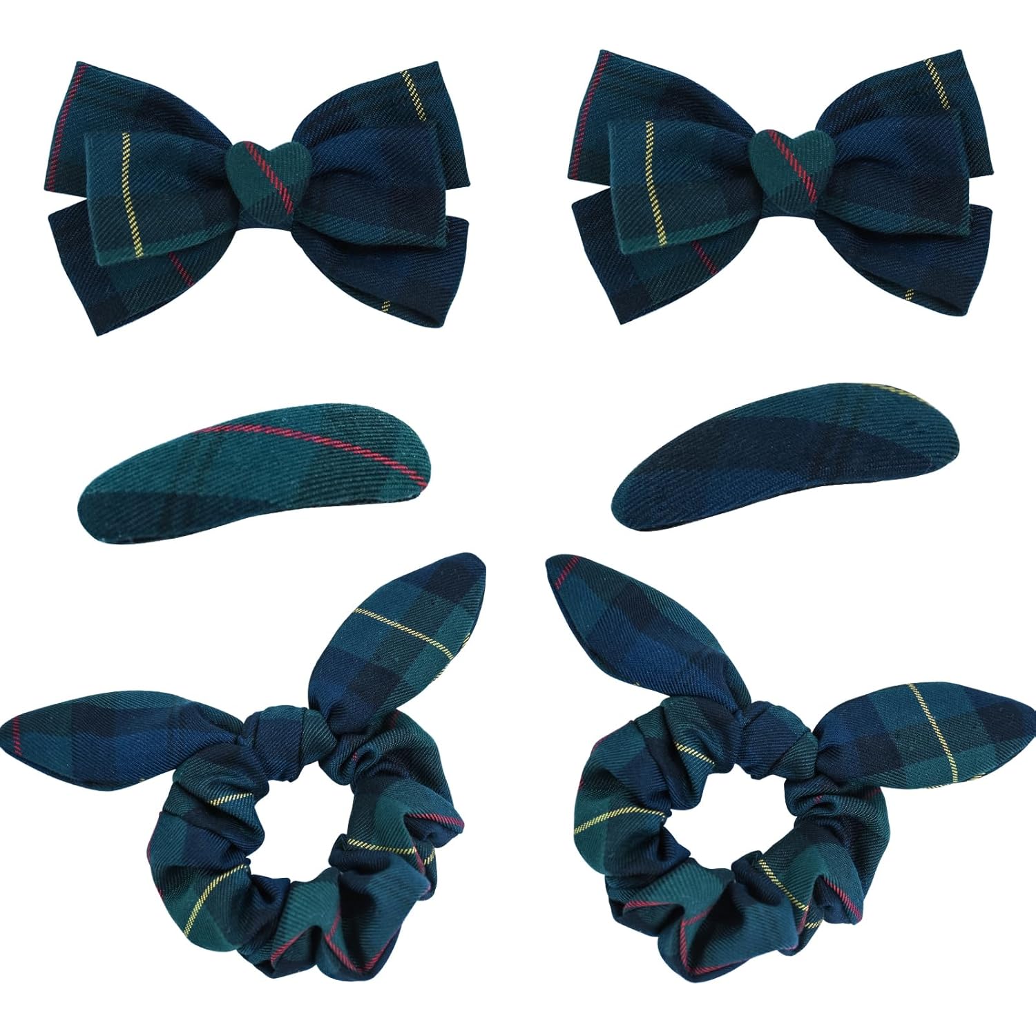 6pcs Uniform Hair Accessories for Girls, 2 Back to School Bows Clip 2 Plaid Bunny Ear Bowknot Scrunchies 2 Snap Barrettes Long Tail Hair Bow Set for Toddler Little Girl (Dark Green, Navy, Yellow, Red)