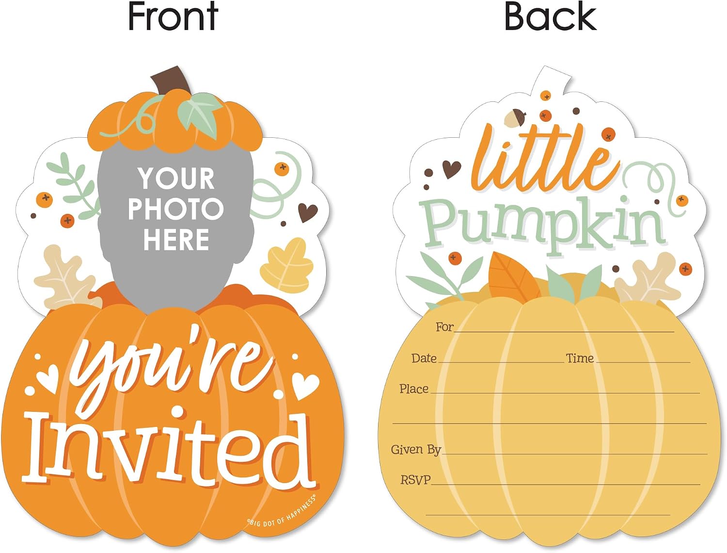 Big Dot of Happiness Custom Photo Little Pumpkin - Fall Birthday Party Fun Face Shaped Fill-In Invitation Cards with Envelopes - Set of 12