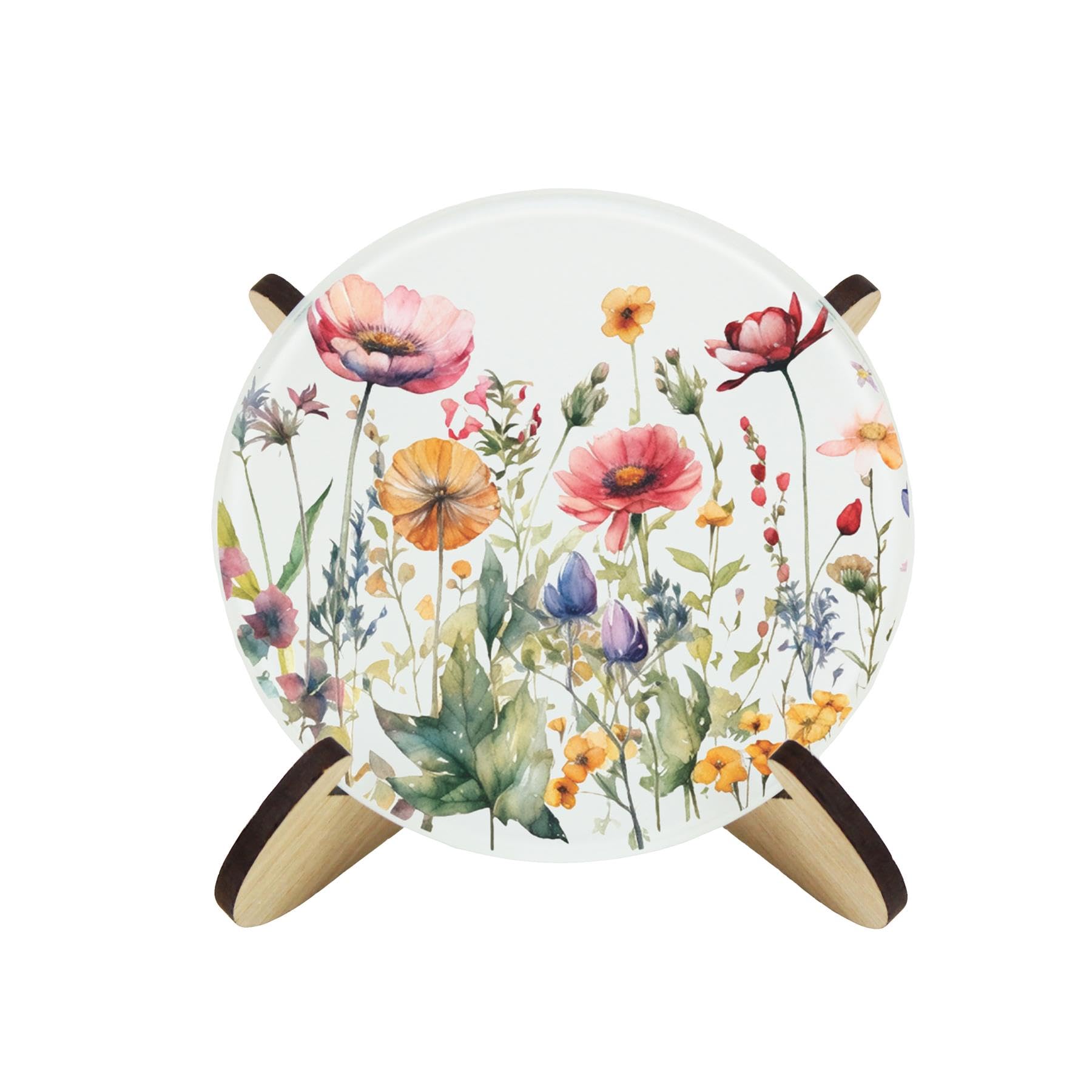 Wildflowers Coaster Set - Round Glass Floral Meadow Gift - Set of Four (4) Drinks Coasters & Wood-Effect Stand