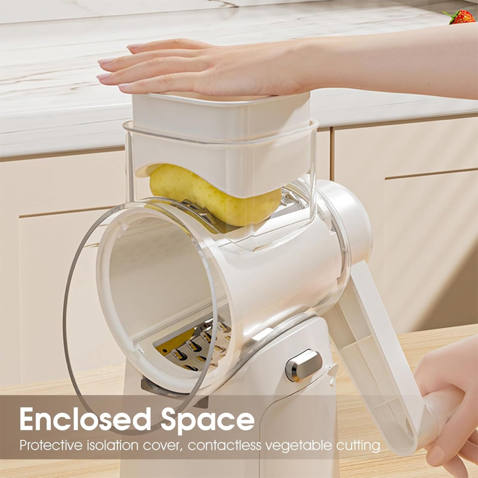 Rallador de queso giratorio con cuchillas intercambiables y protector contra salpicaduras, base de succión fuerte para un fácil uso y limpieza en la cocina