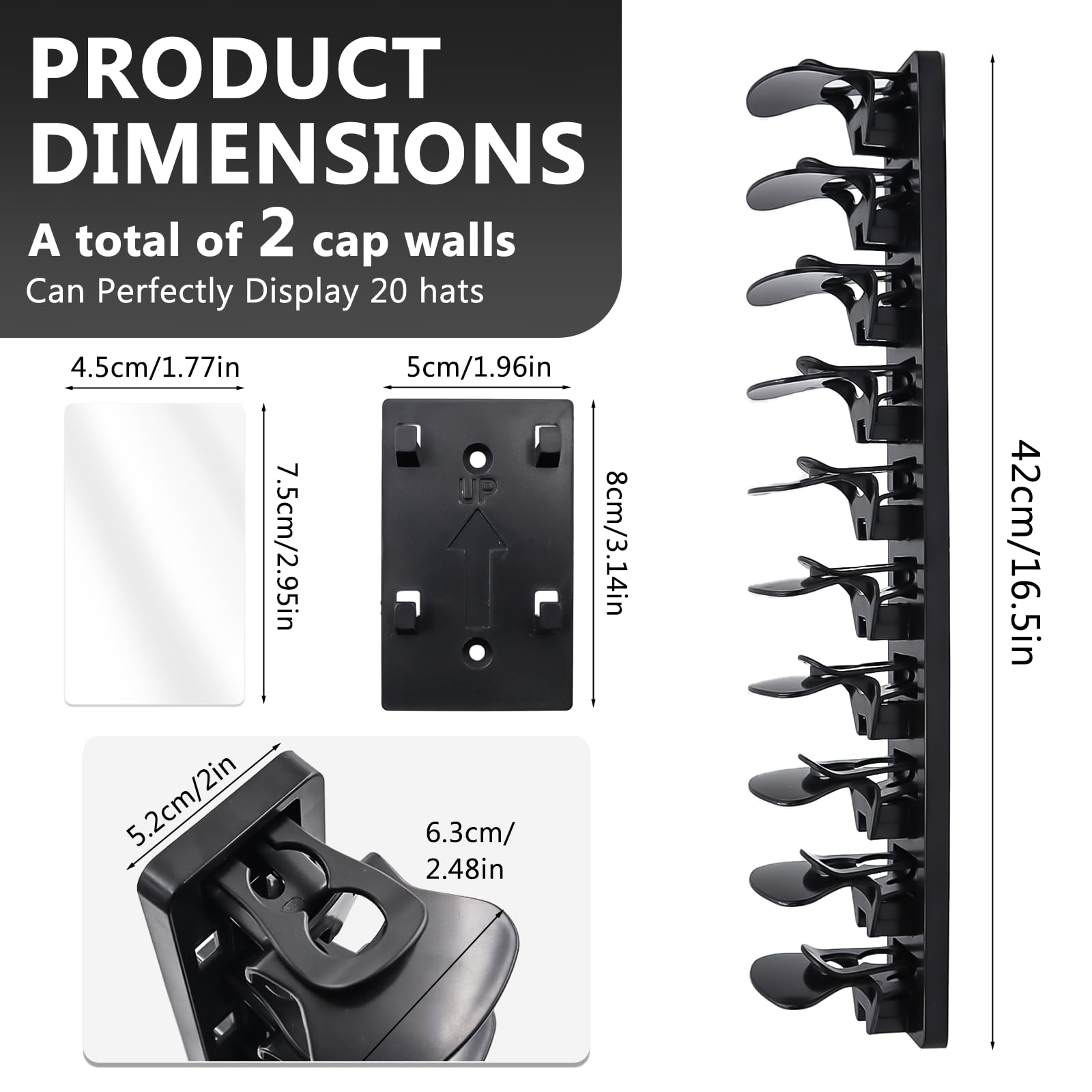 2 Piezas Organizador de Gorras Colgador de Gorras Autoadhesivo o Perforación Estante para Sombreros para Pared para Puerta Armario y Dormitorio​(Negro)