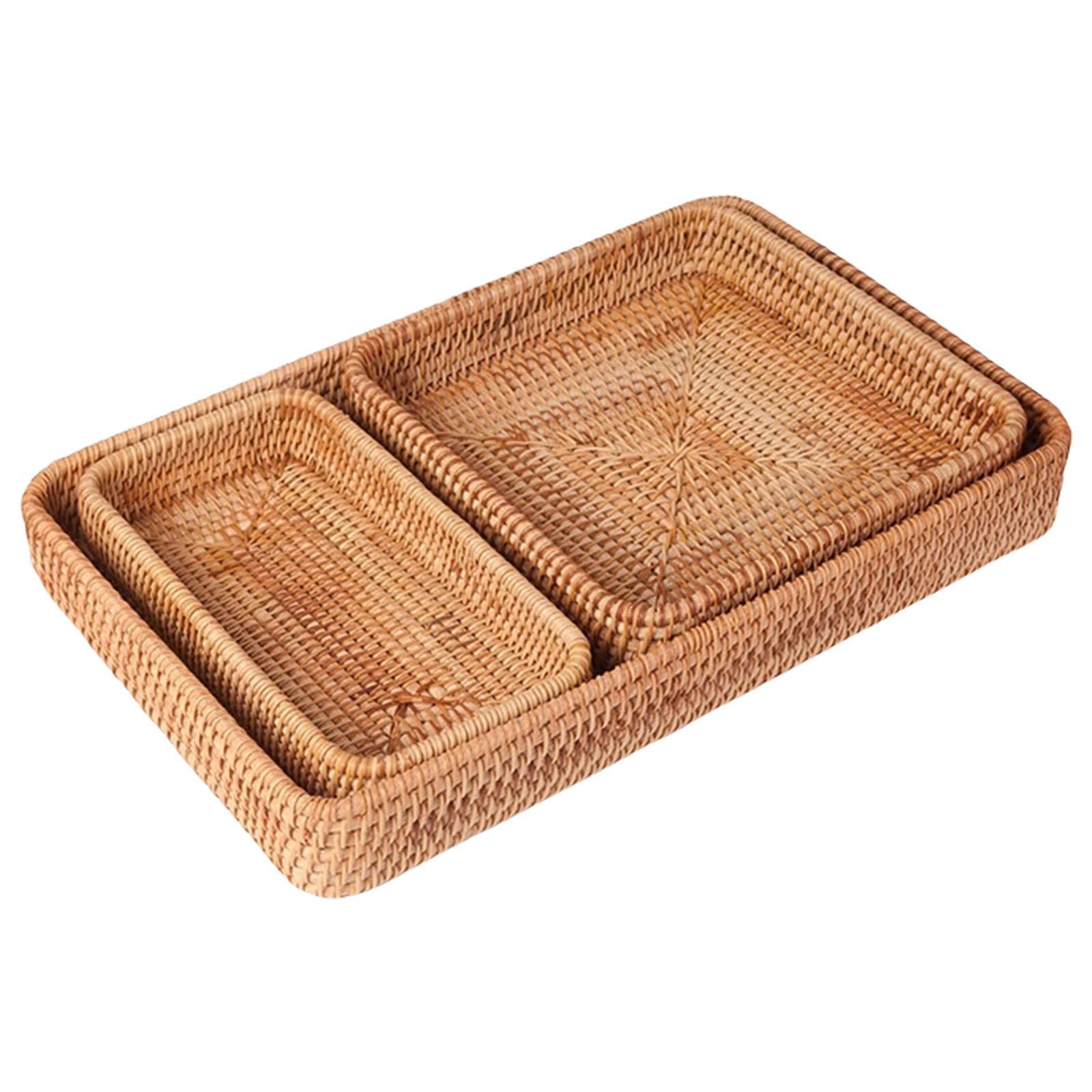 Jazuaiao Natural Rattan Coffee Table Trays and Storage Baskets 3 Piece Set for Kitchen Bathroom Countertop Essential Organization Multipurpose Rattan Fruit Bowl