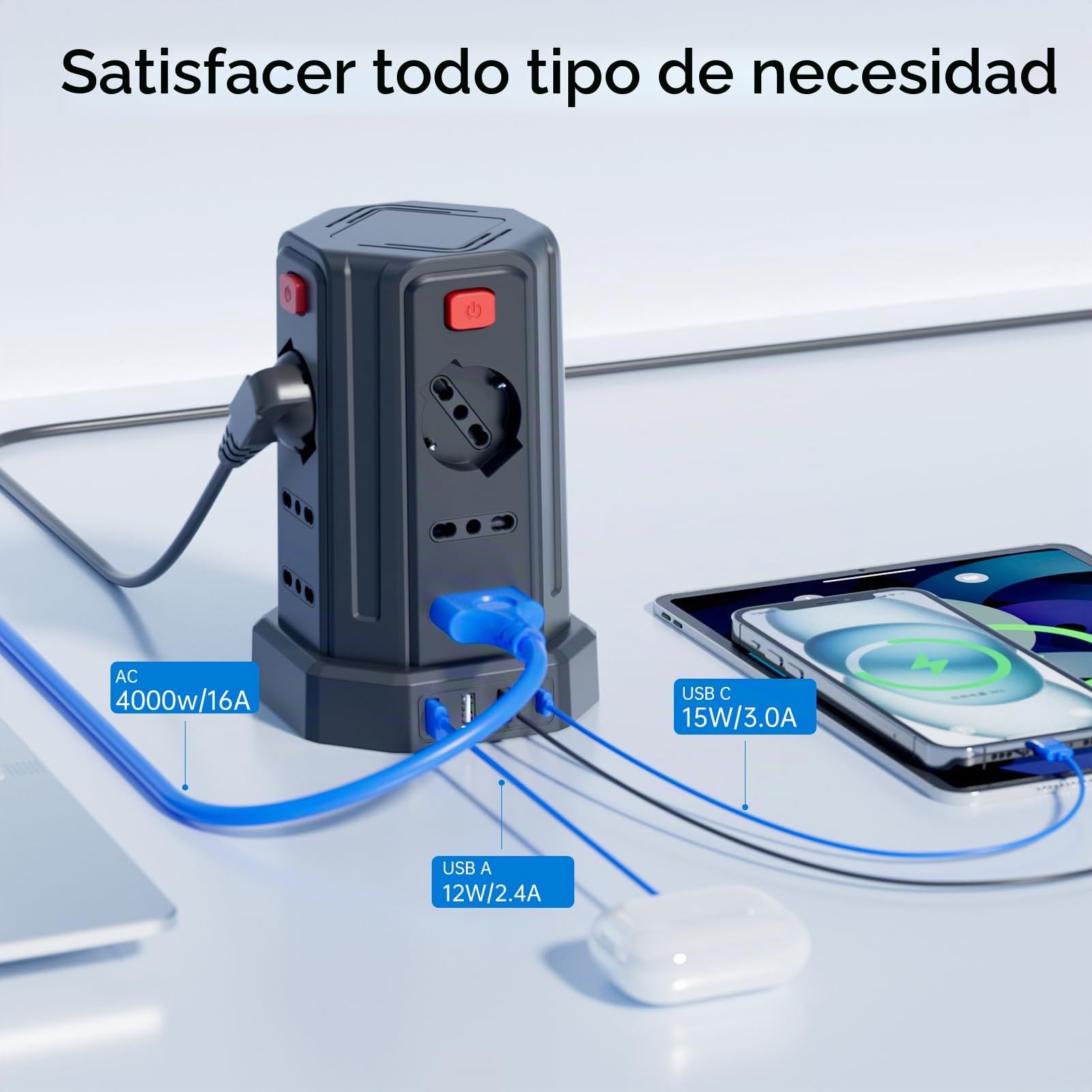 Regleta eléctrica con 12 Tomas universales 10/16 A ITA y Schuko y 3 USB A+1 USB C protección contra sobretensión con 4 interruptores Independientes, Negro