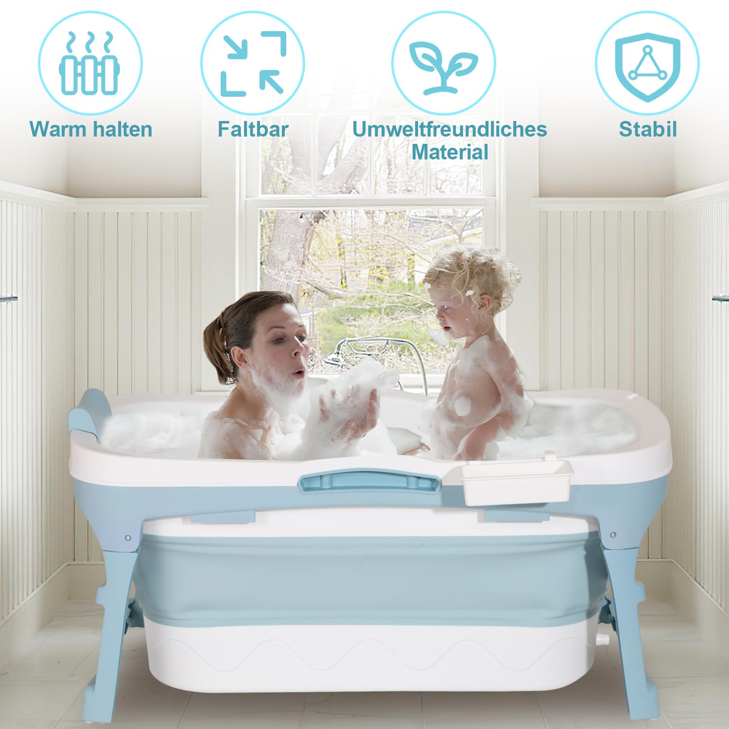 Faltbare Badewanne für Erwachsene - Praktisch mobile Badewann mit abnehmbarem Deckel sowie Seifenablage und Nackenstütze ausgestattet, Größe L, 118 * 60 * 50cm, Blau