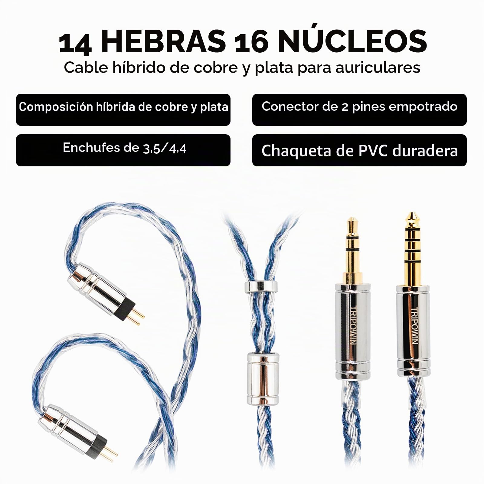 Linsoul Tripowin C-01 IEM - 16 Núcleos Híbrido de Cobre-Plata Cable de Auriculares, OFC y Cobre Plateado HiFi para Repuesto (2Pin, 3.5mm)