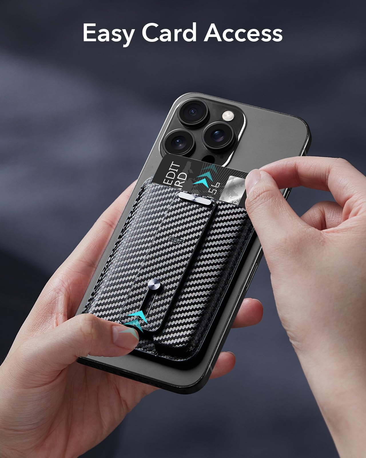 ESR Portafoglio MagSafe, Compatibile con il Magsafe Wallet, Supporto per 5 Carte, Pelle Vegana, Passante Sicuro per il Dito, Per iPhone serie 16/15/14/13/12, Non per 13/12 Mini, Fibra di Carbonio Nero