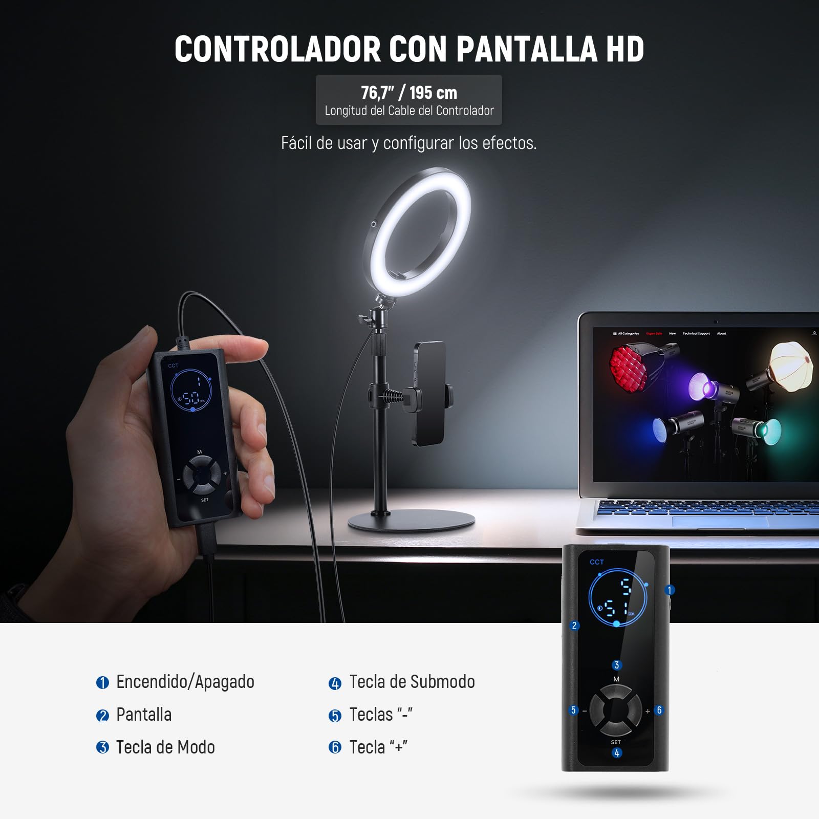 NEEWER 8" 18W Aro Luz Escritorio Alta Potencia con Stand & Soporte Móvil,Aro Luz Circular Selfie para iPhone Streaming Vlogging Grabación Iluminación Kit para Videoconferencia Portátil Zoom Call,RH8B