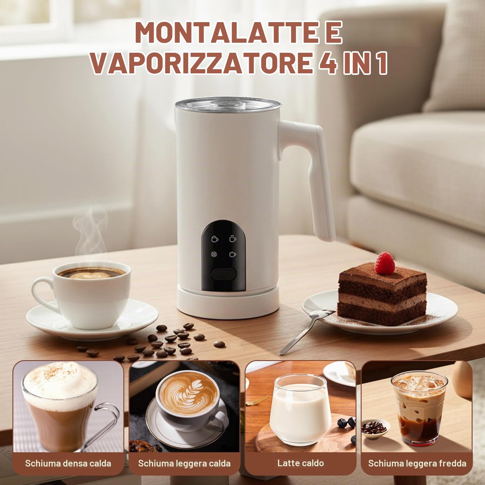 Schiumatore Elettrico 4-In-1: Schiumatore Automatico Per Latte Caldo E Freddo, Spegnimento Automatico, Design In Acciaio Inox, Funzionamento Silenzioso Per Cappuccino E Cioccolata Calda (Bianco)