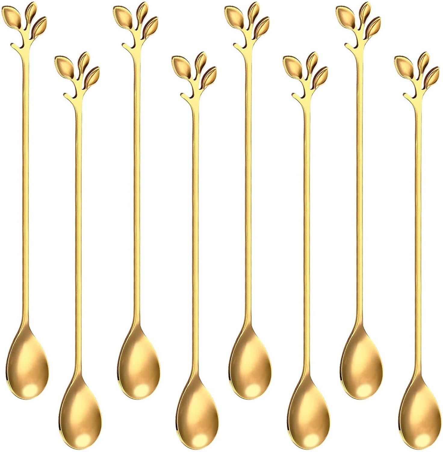 8 Pcs Long Handle Gold Leaf Iced Tea Spoons set, 7.4