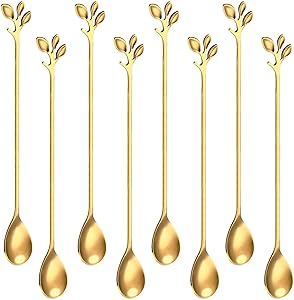 8 Pcs Long Handle Gold Leaf Iced Tea Spoons set, 7.4