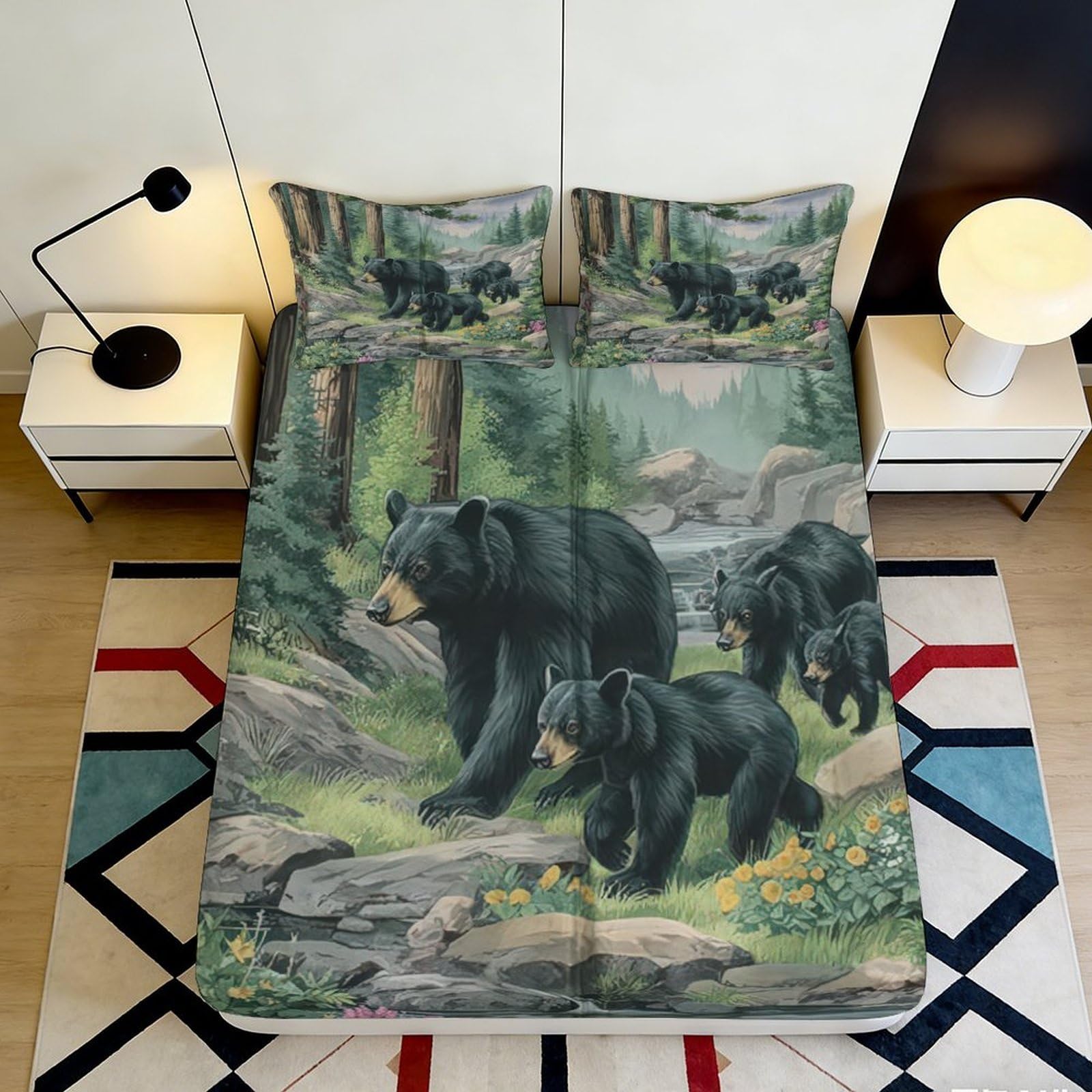 Jqzkxnhpbr Style-9 3D Printed Forest Bear Fitted Sheet Microfiber Soft Animal Woodland Bed Cover For Bedroom Guest Room Decor 90X200x25cm