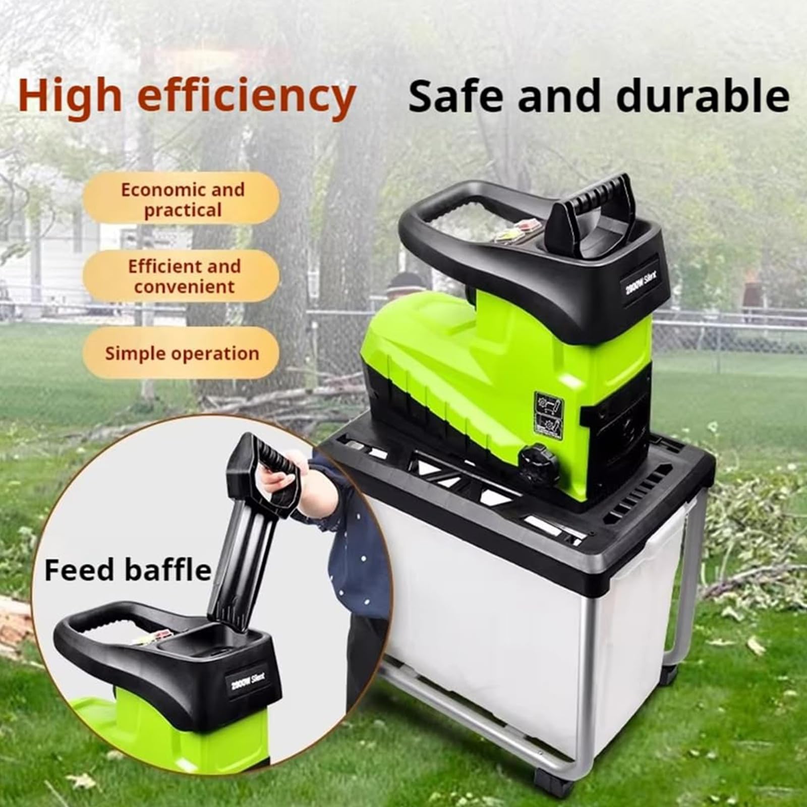 Trituradora eléctrica de jardín, trituradora de madera de 2800 W con ruedas, interruptor de seguridad, caja de colección de 60 L, aplasta hasta 45 mm, nivel de ruido de 92 dB para limpieza de desechos