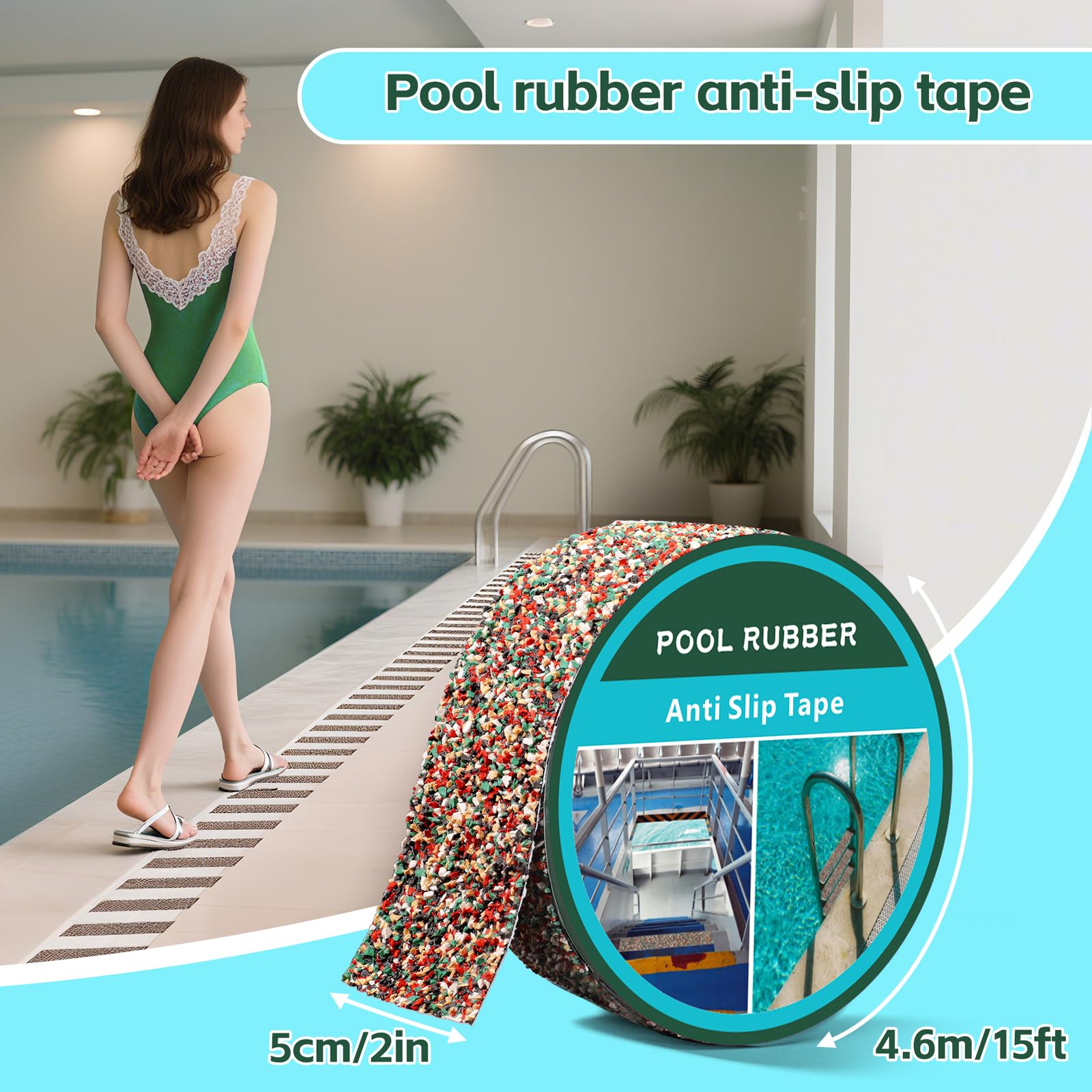 Cinta antideslizante de goma para piscina, 5 cm x 4,5 m, impermeable, antideslizante, ideal para la seguridad de los pies descalzos cerca de piscinas, escalones y rampas