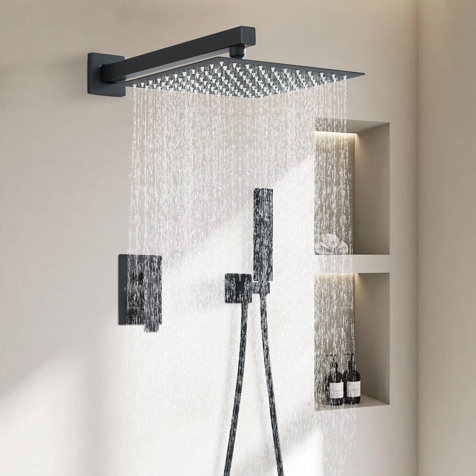 Set De Ducha Sistema Empotrado Negro,Columna para Baño,Alcachofa 30cmx30 cm, de Mano,Cuerpo de Latón