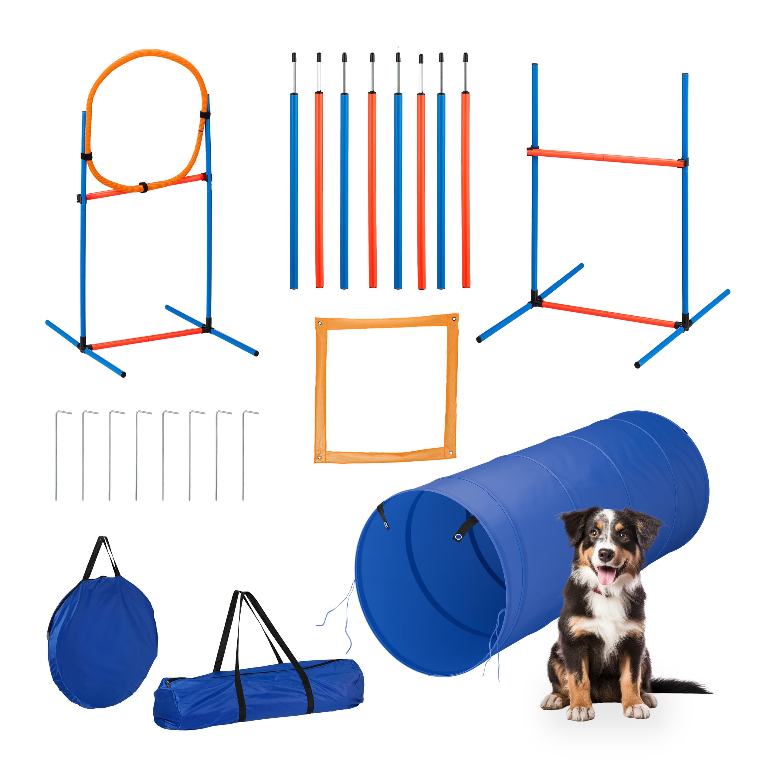 Relaxdays Agility Set, for Dogs, 76-Piece Training Kit, Tunnel, Hurdles, Jump Ring & Slalom Poles, Bag, Blue/Orange