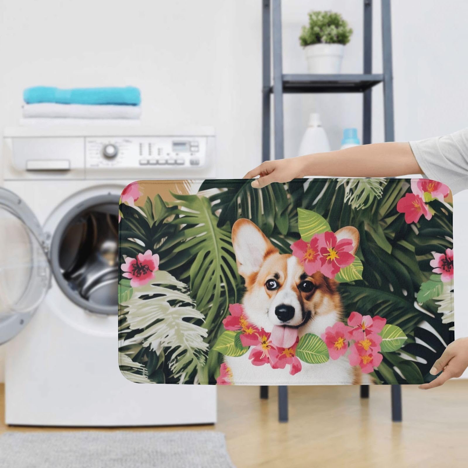 Lot de 3 tapis de salle de bain en flanelle avec tapis de bain + tapis contour + housse de siège de toilette - Motif fleurs tropicales et corgi - Antidérapant et absorbant