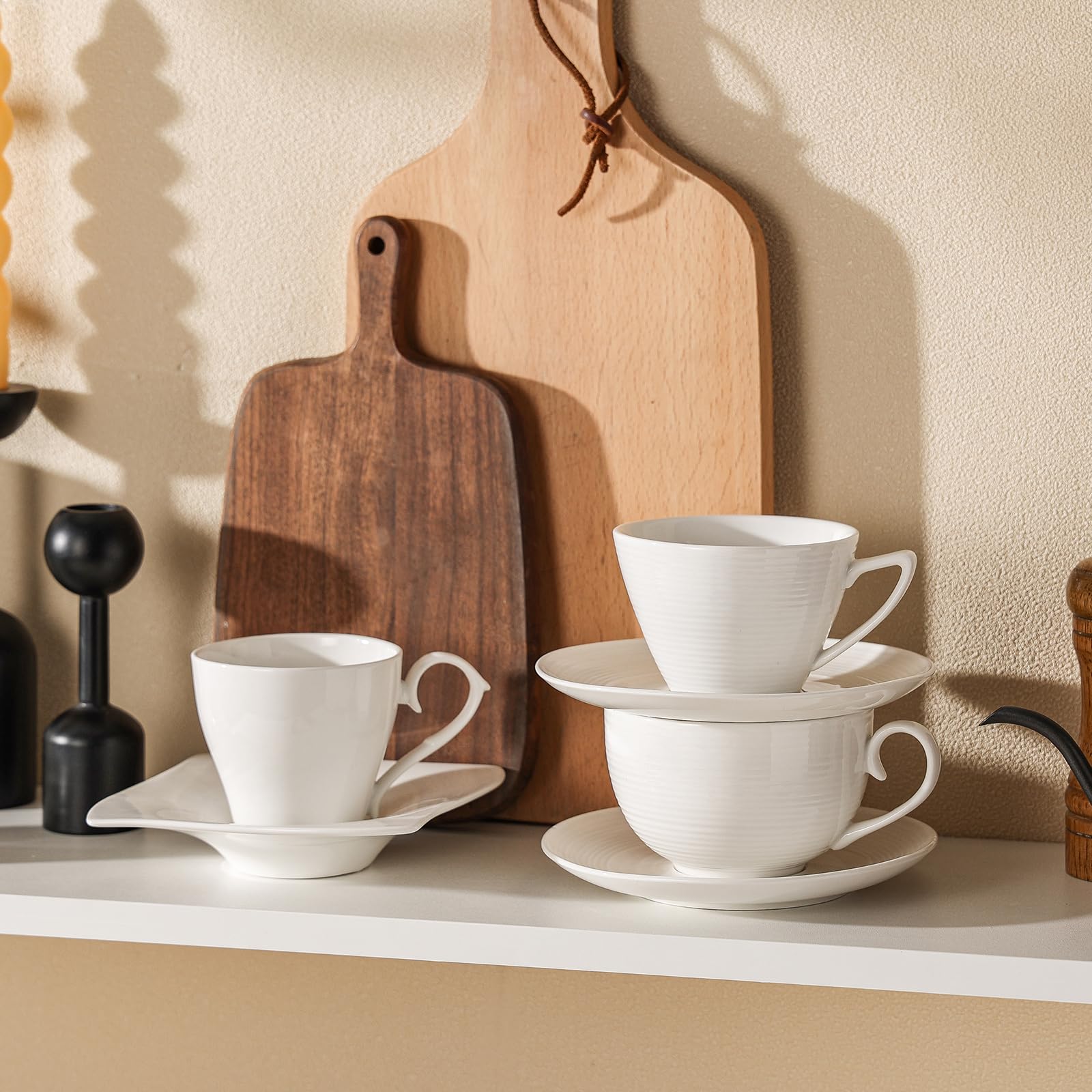 Juego de 4 tazas de café con platillos de 12 onzas, tazas de café de cerámica para capuchino, taza de té, platillo, tazas de café con leche, tazas para cocina, cafetería, microondas,