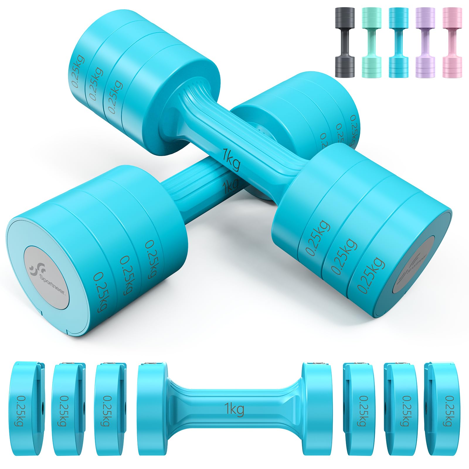 Set Manubri Regolabili Donna Sportneer 2-5kg (1-2,5kg Cad) - 4 In 1, Fitness Casa, Rosa