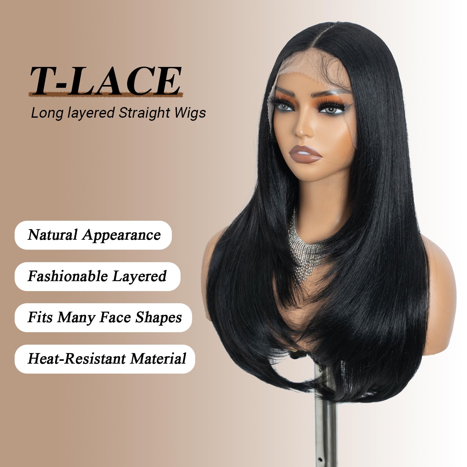 NOBLE Black Straight Layered Wig 24 inch 13×4×1 Lace Front Wigs Middle Part Blowout Long Hair Style Wigs For Daily Use - Image 2