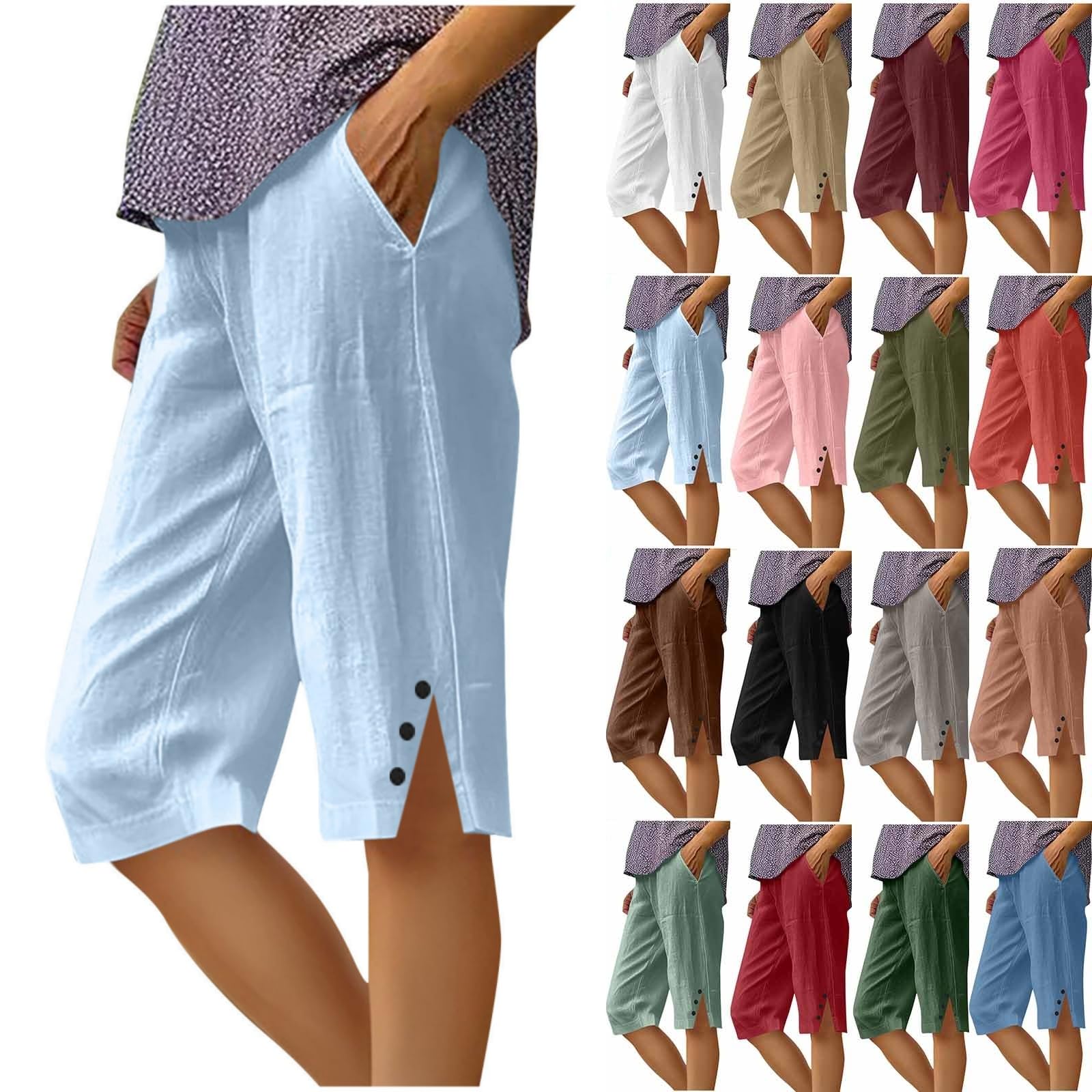 RRMuAzgs Womens Bermuda Shorts Knee Length Dressy Causal Elastic Waist Buttons Linen Shorts with Pockets Summer Beach Outfits