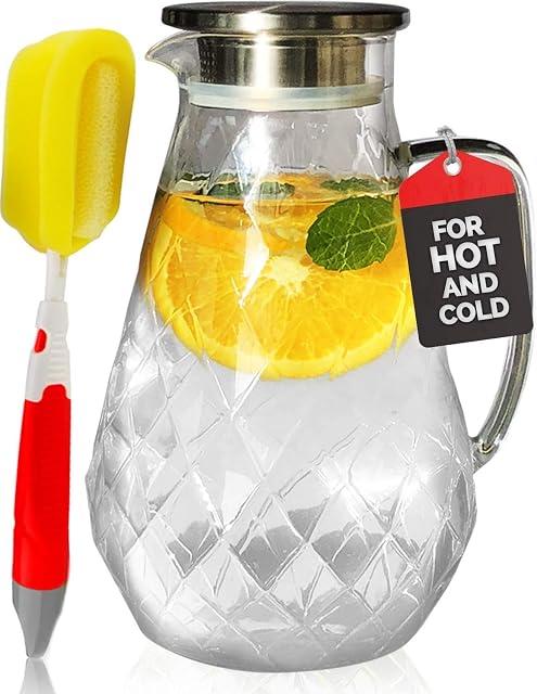 Pykal Diamond Glass Water Jug with Lid - 2.1l - Heat Resistant Water or Juice Jugs with Lids for Fridge - Pitcher Jar for Lemonade, Iced Tea or Sangria - w/Free Brush